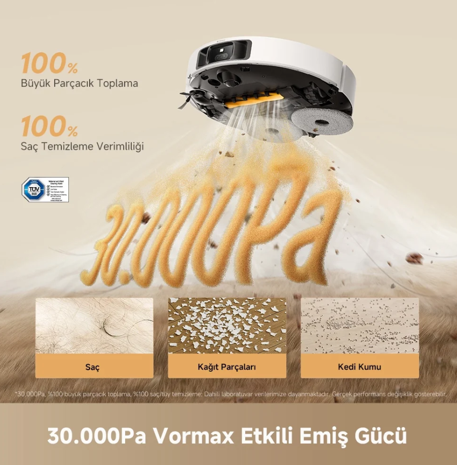 30000Pa emiş gücüyle saç, kağıt ve kedi kumu temizleyen robot süpürge reklamı.