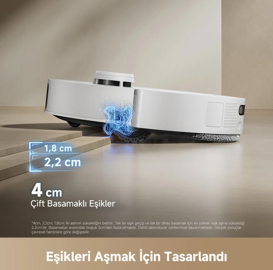 Çift basamaklı eşikleri aşan beyaz renkli robot süpürge, cm ölçüleri ve açıklayıcı yazılarla.