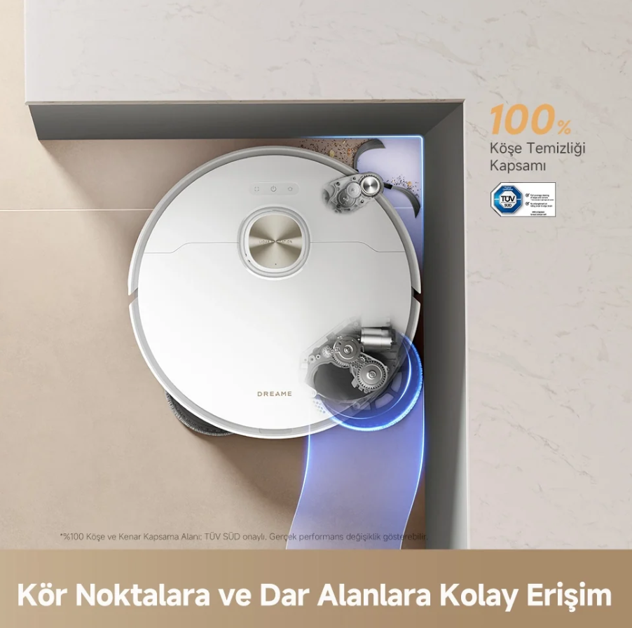 Dar bir köşeyi temizleyen beyaz robot süpürge, mekanik parçaları görünür durumda.