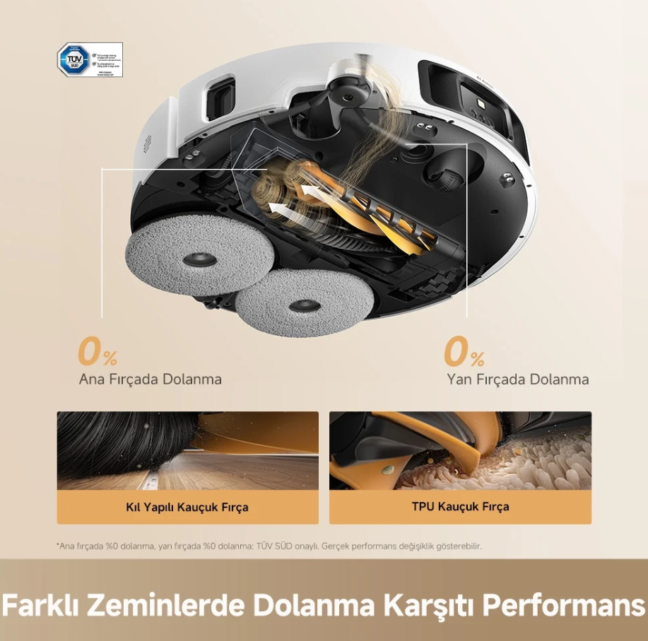 Dolanma önleme performansını gösteren döner fırçalı ve moplu robot süpürgenin alt tarafı.