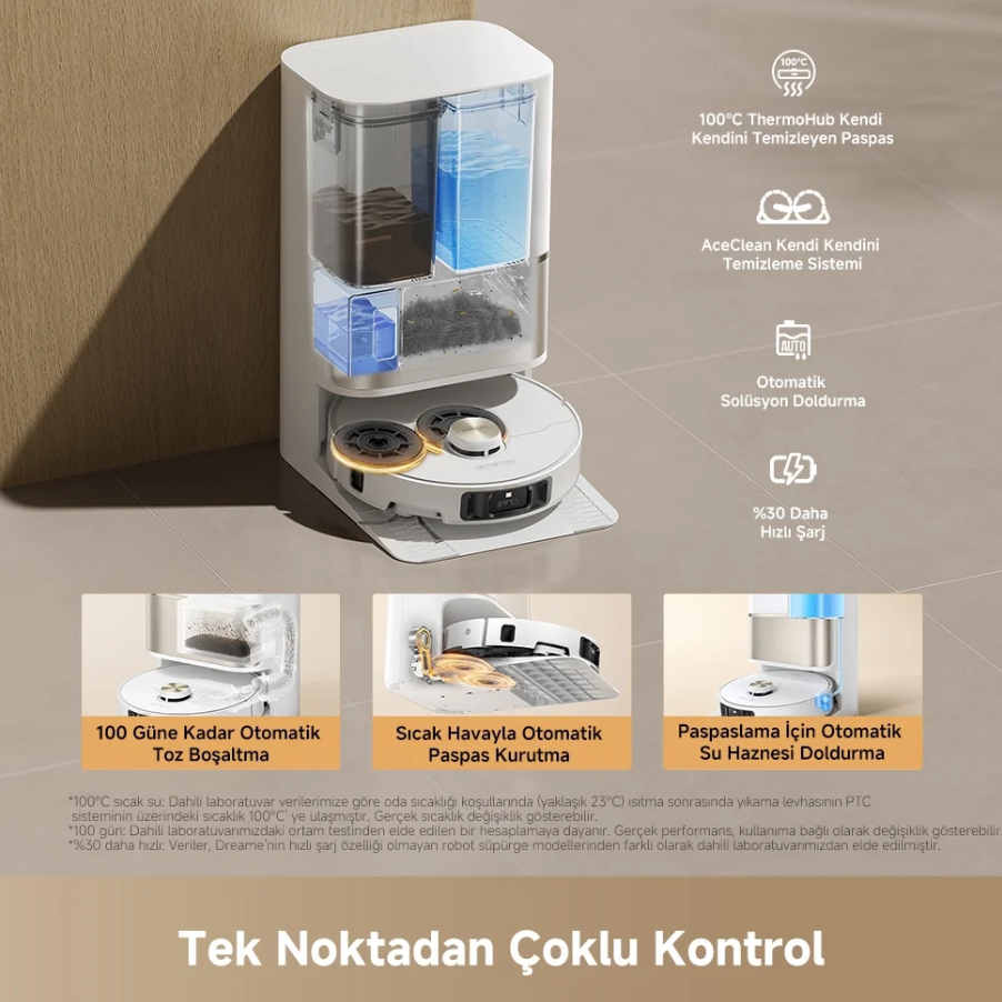 Su hazneleri ve özellikleri olan beyaz bir robot süpürge şarj istasyonu.