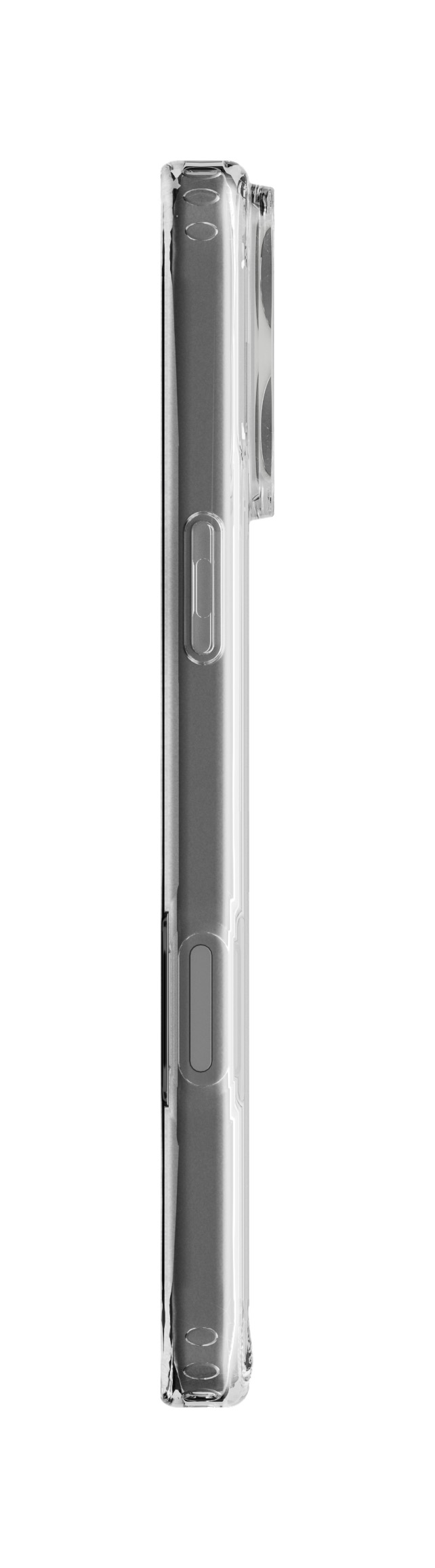 Beyaz arkaplanda şeffaf koruyucu kılıf içindeki akıllı telefonun yan görünümü.