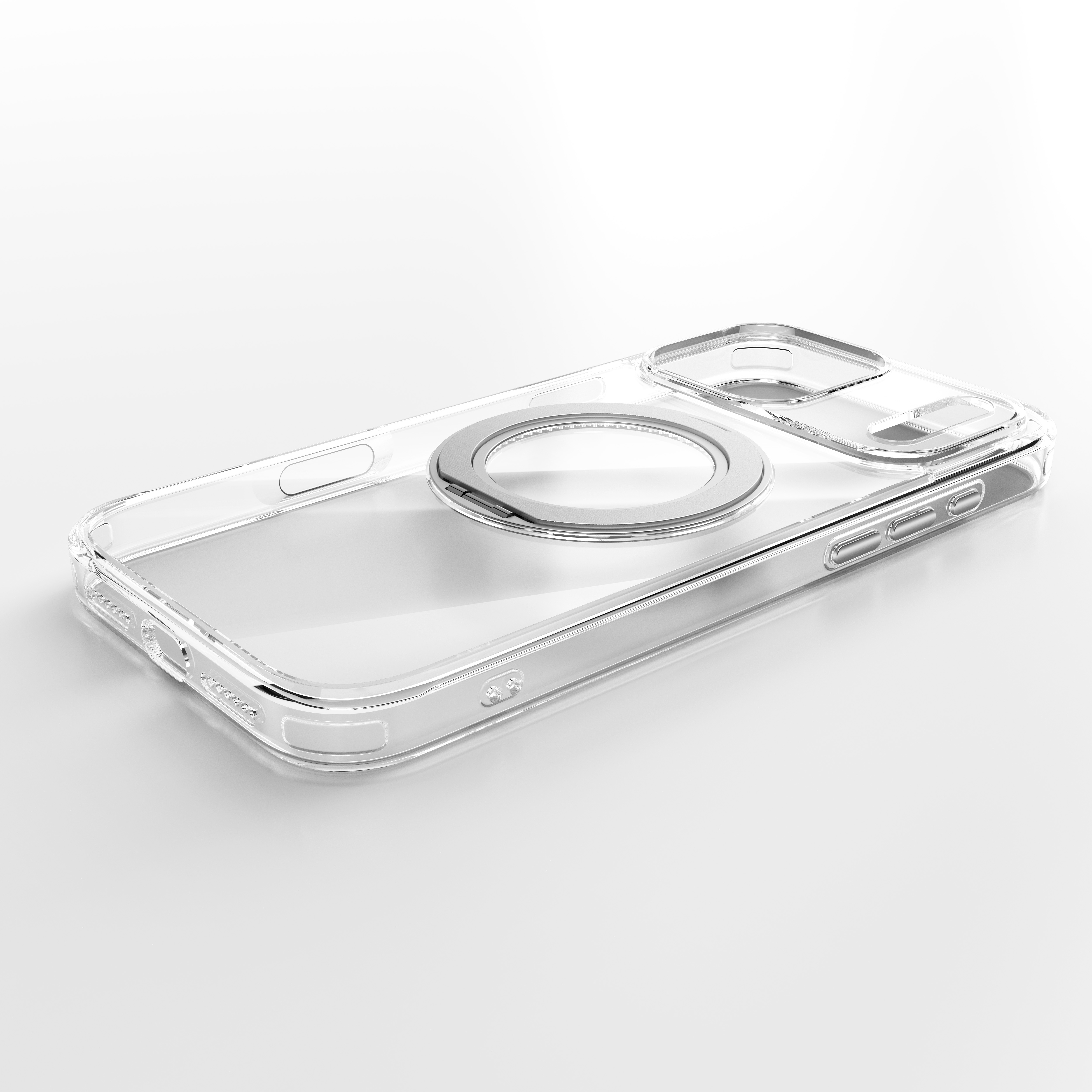Beyaz arka planda entegre gümüş MagSafe halkalı şeffaf telefon kılıfı.