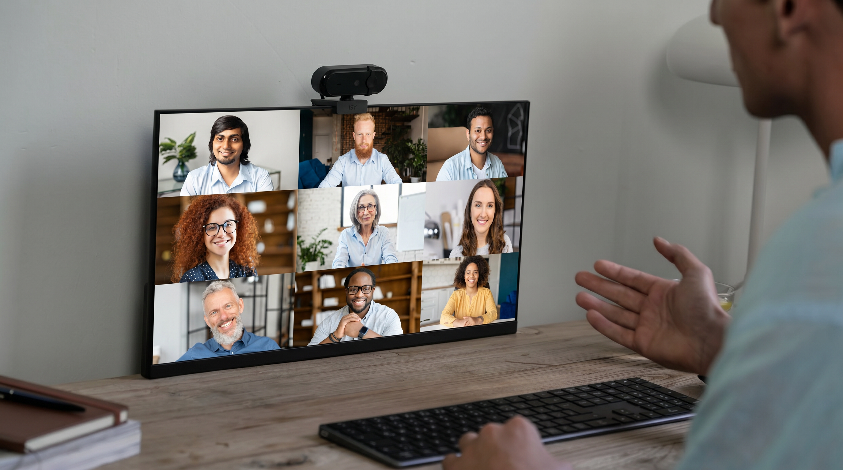 Un uomo siede a una scrivania di legno davanti a un monitor in videochiamata con altre otto persone.
