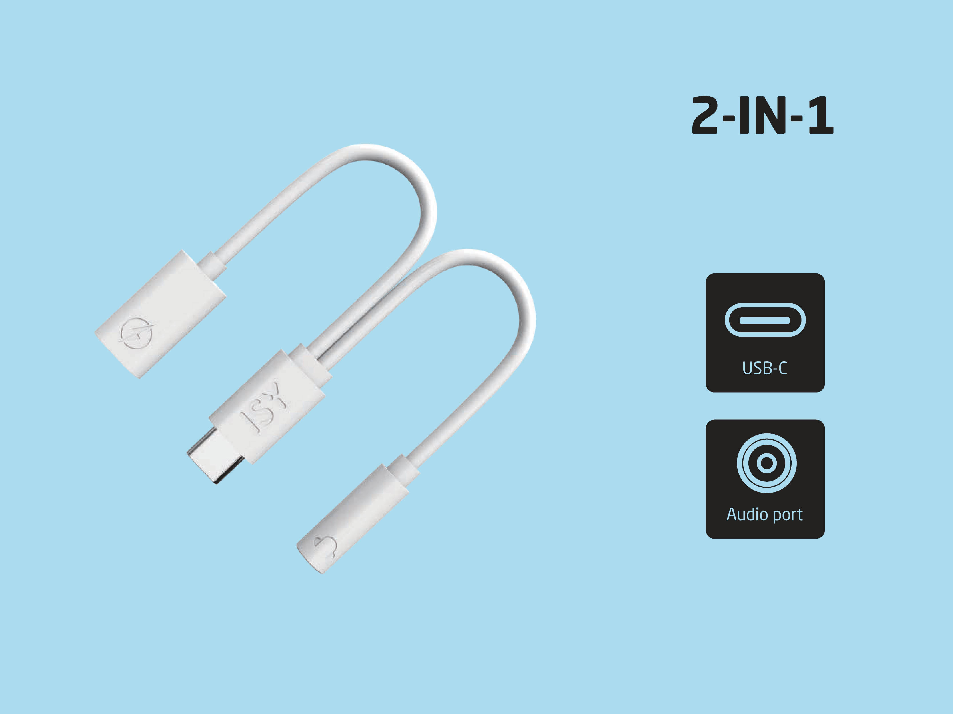 Un câble adaptateur audio USB-C 2 en 1 blanc sur fond bleu clair.