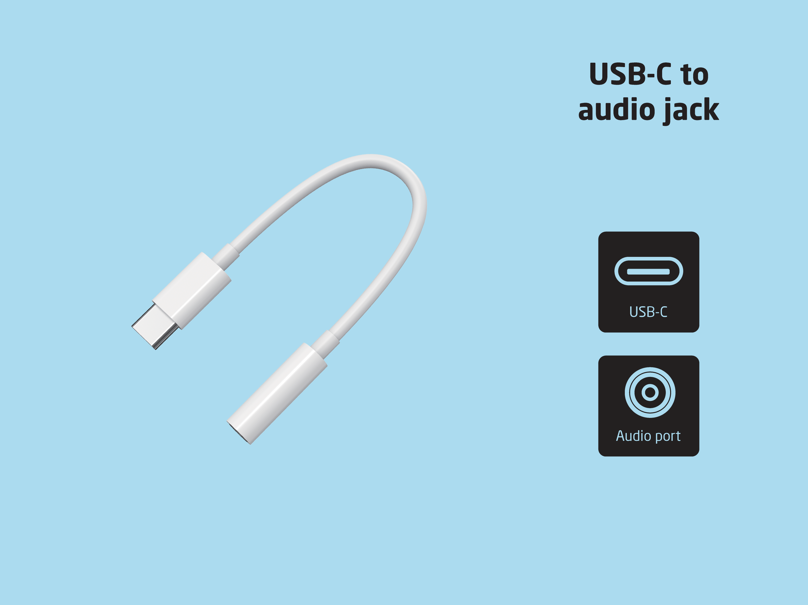 Cavo bianco da USB-C a jack audio su sfondo azzurro con icone.