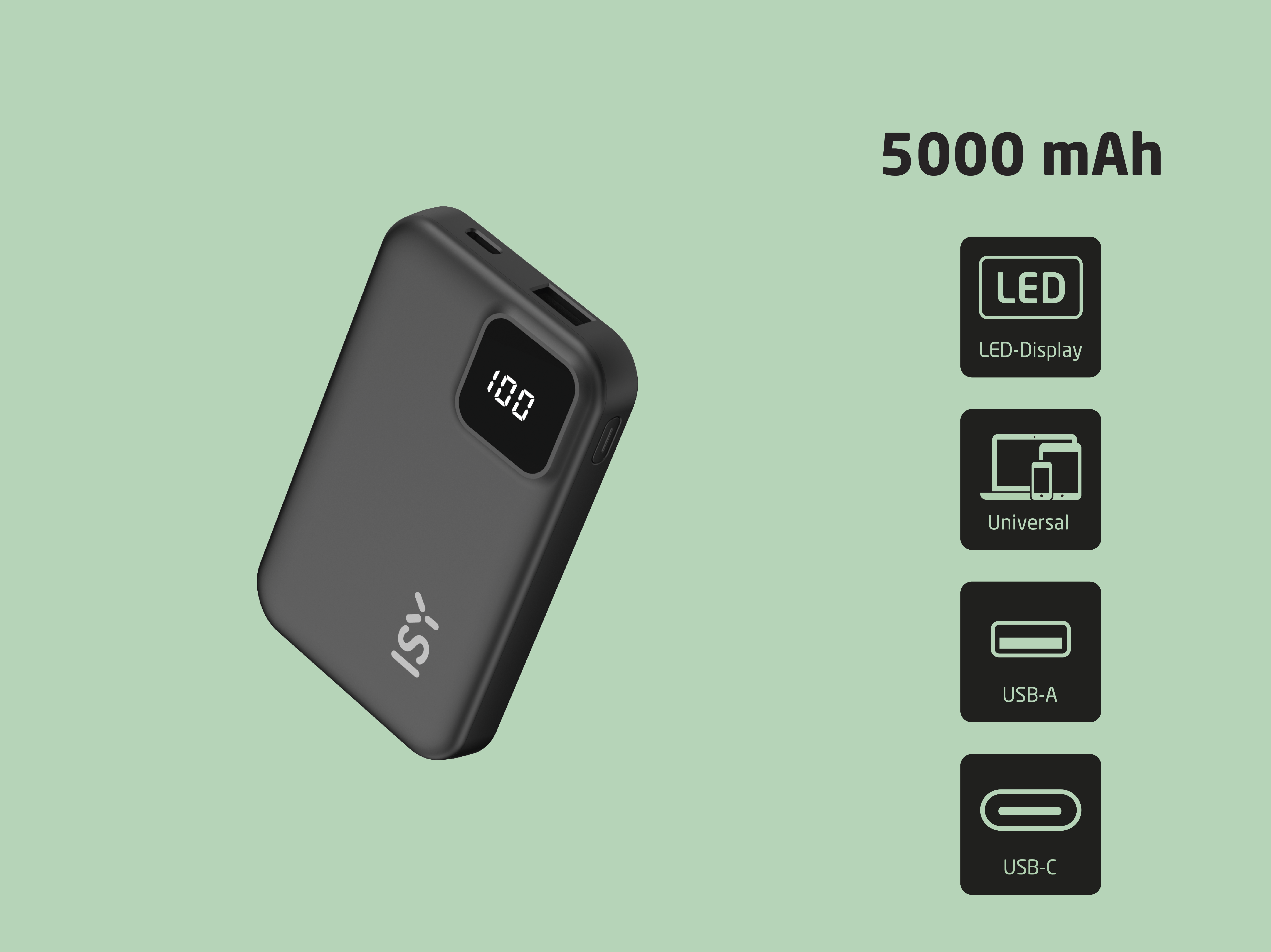 Batterie externe noire de 5000 mAh avec écran LED et ports USB sur fond vert clair.