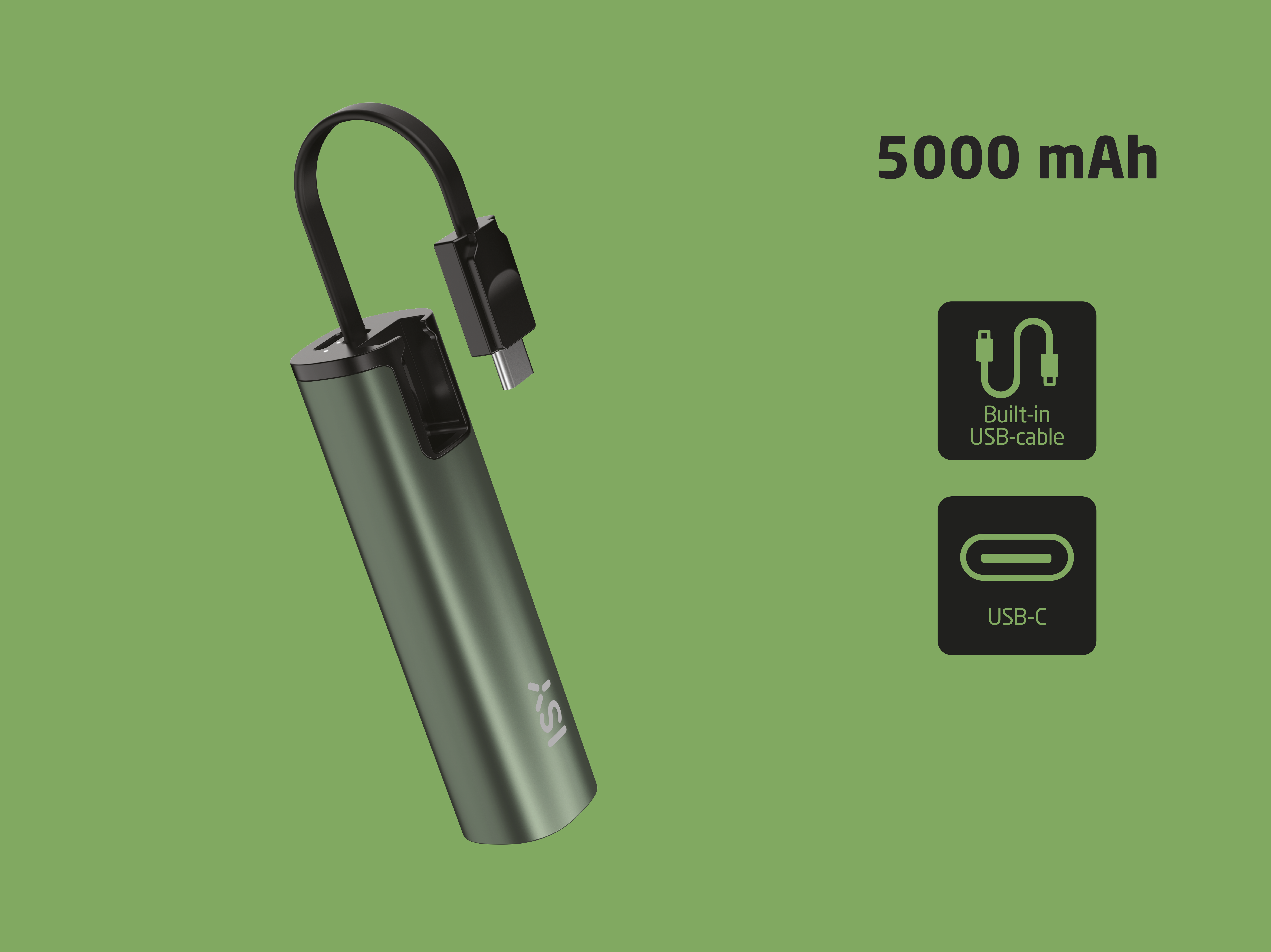 Une batterie externe verte de 5000 mAh avec câble USB-C intégré sur fond vert avec des icônes.