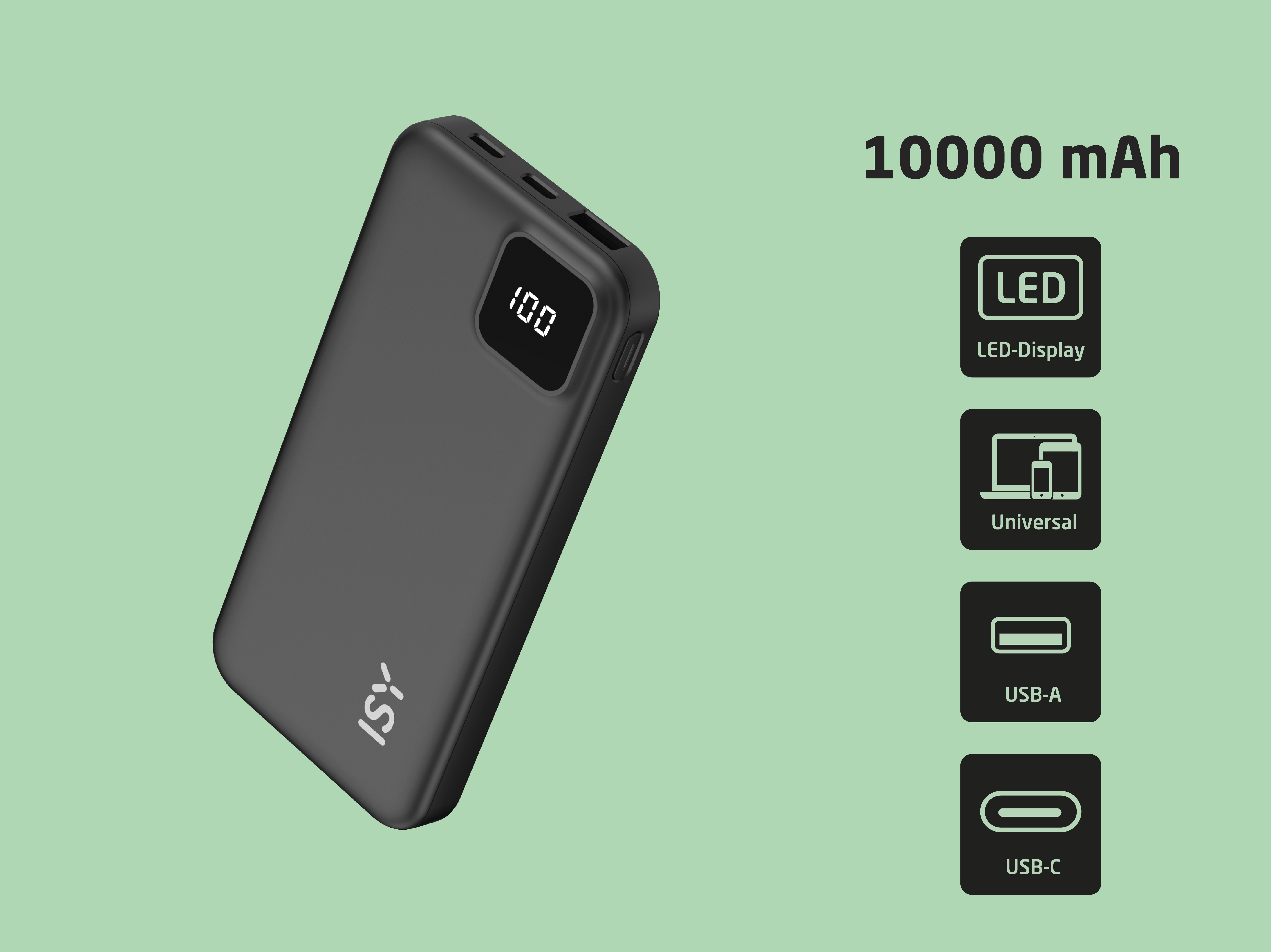 Batterie externe noire de 10000 mAh avec écran numérique et ports USB sur fond vert clair.