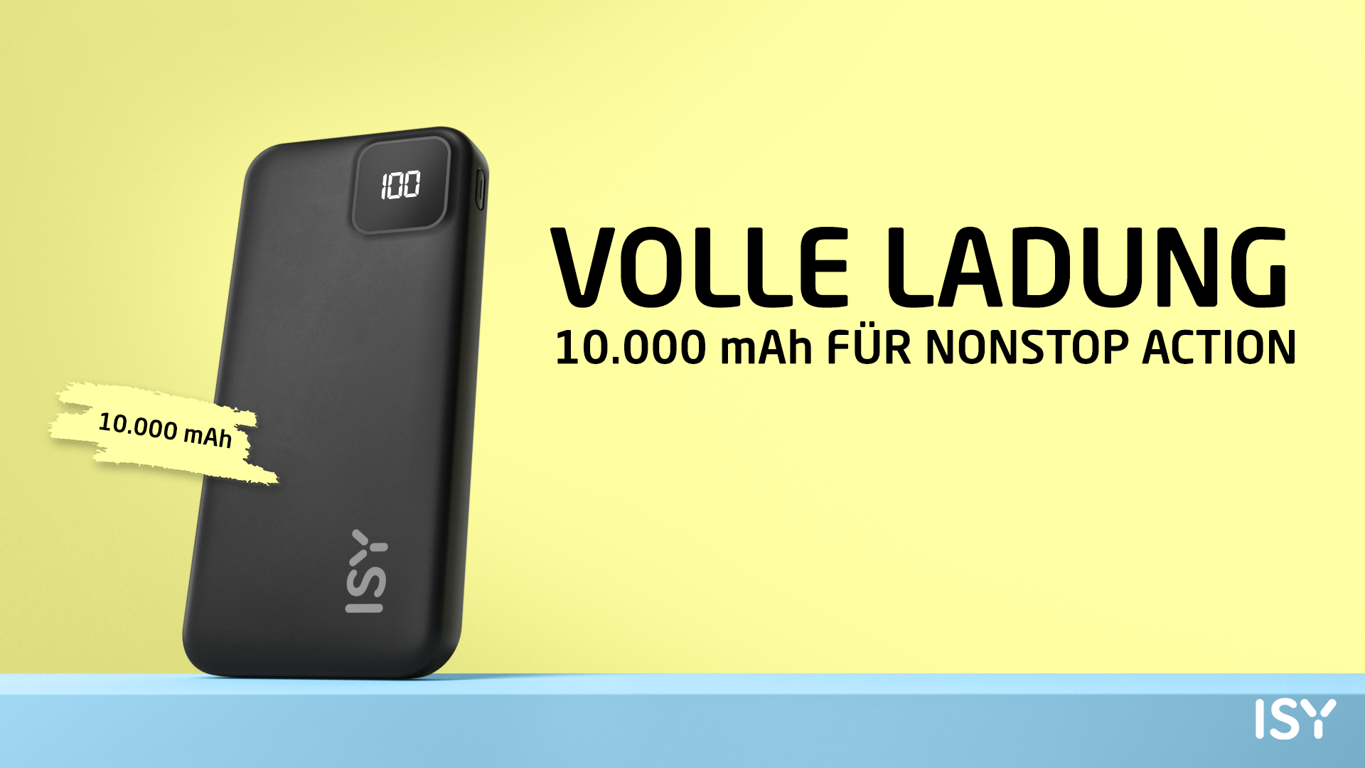 Batterie externe noire avec écran 10 000 mAh sur fond jaune et texte promotionnel en allemand.