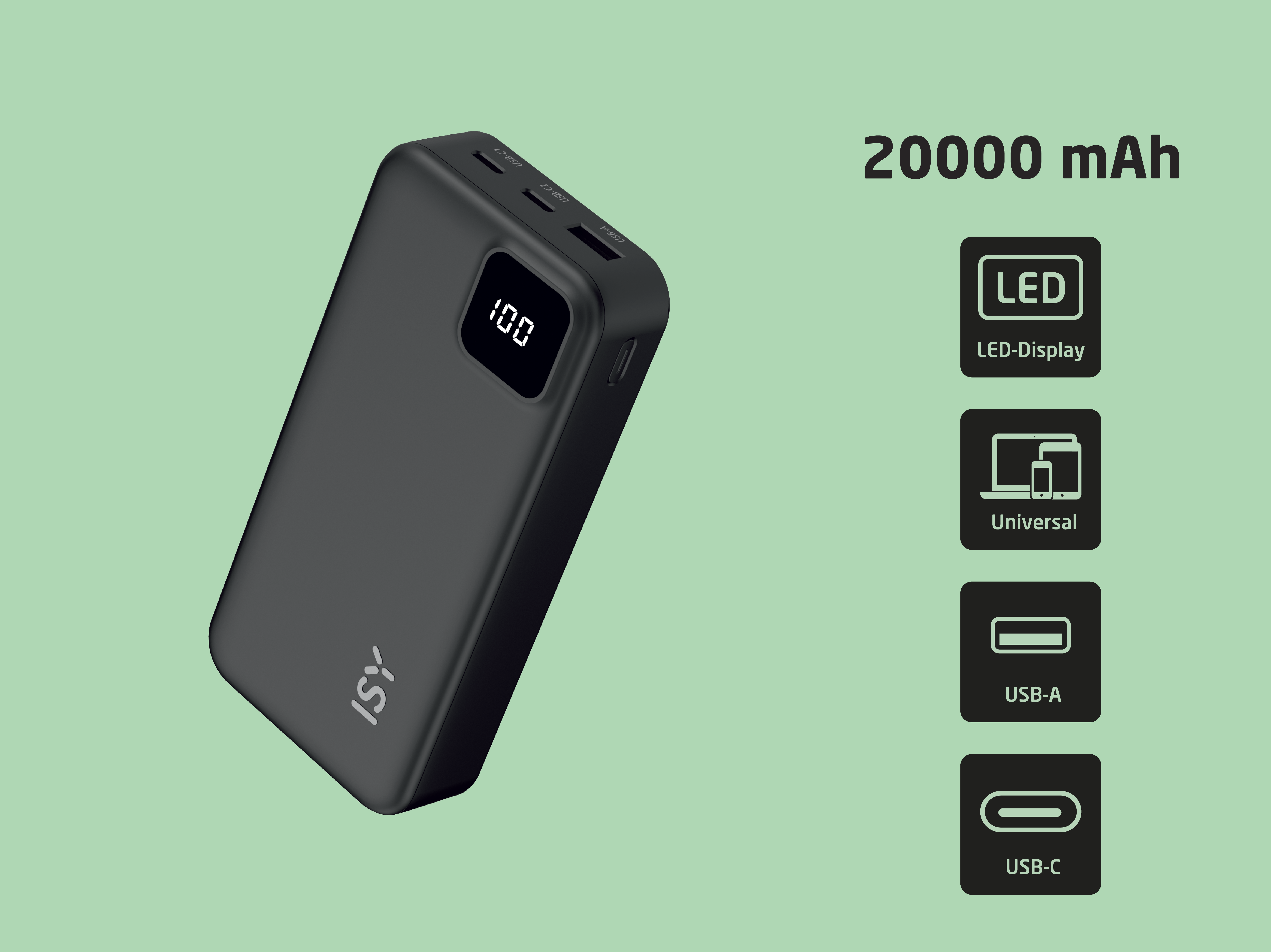 Power bank nera da 20000 mAh con display LED, porte USB e icone su sfondo verde.