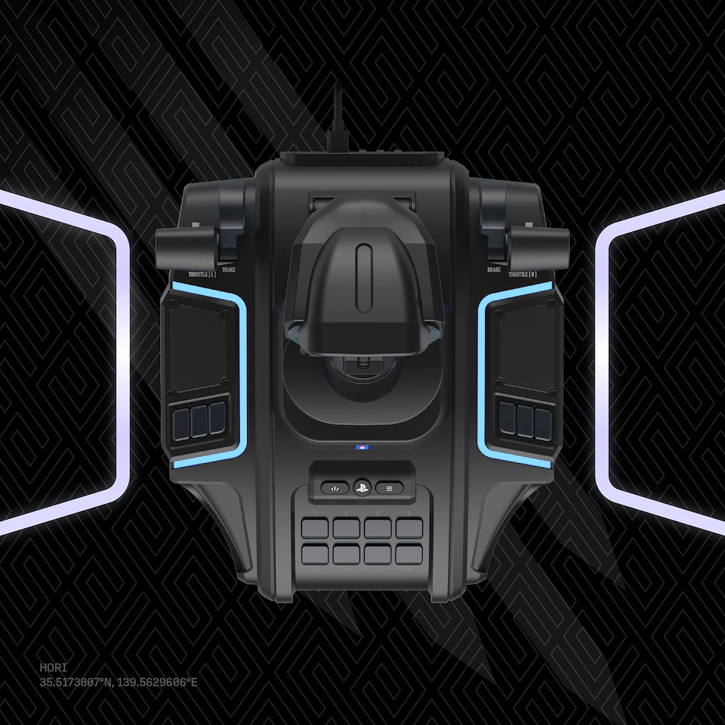 Schwarzes Hori-Gaming-Bedienfeld mit blauen Leuchtakzenten und zahlreichen Tasten auf dunklem Musterhintergrund.