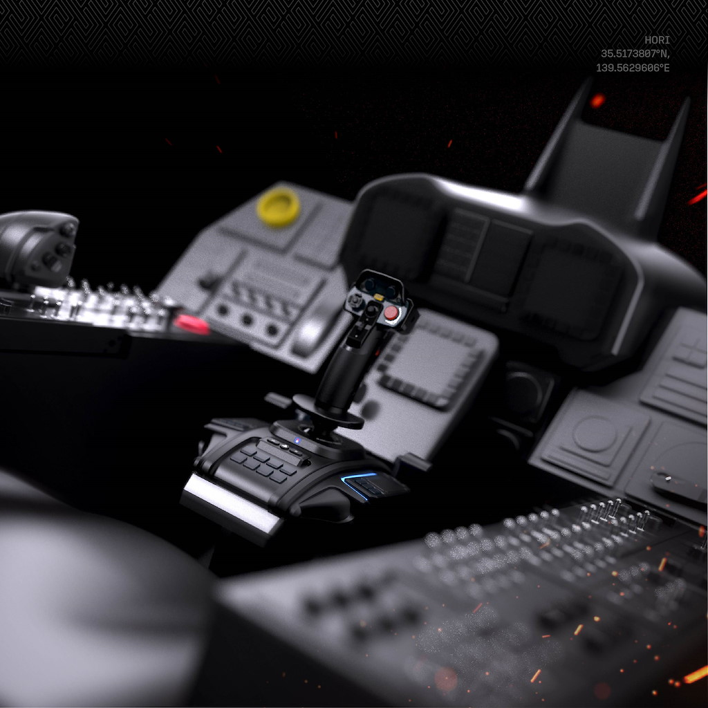 Nahaufnahme eines dunklen Cockpits mit Joysticks, Bildschirmen und Steuerungstafeln.