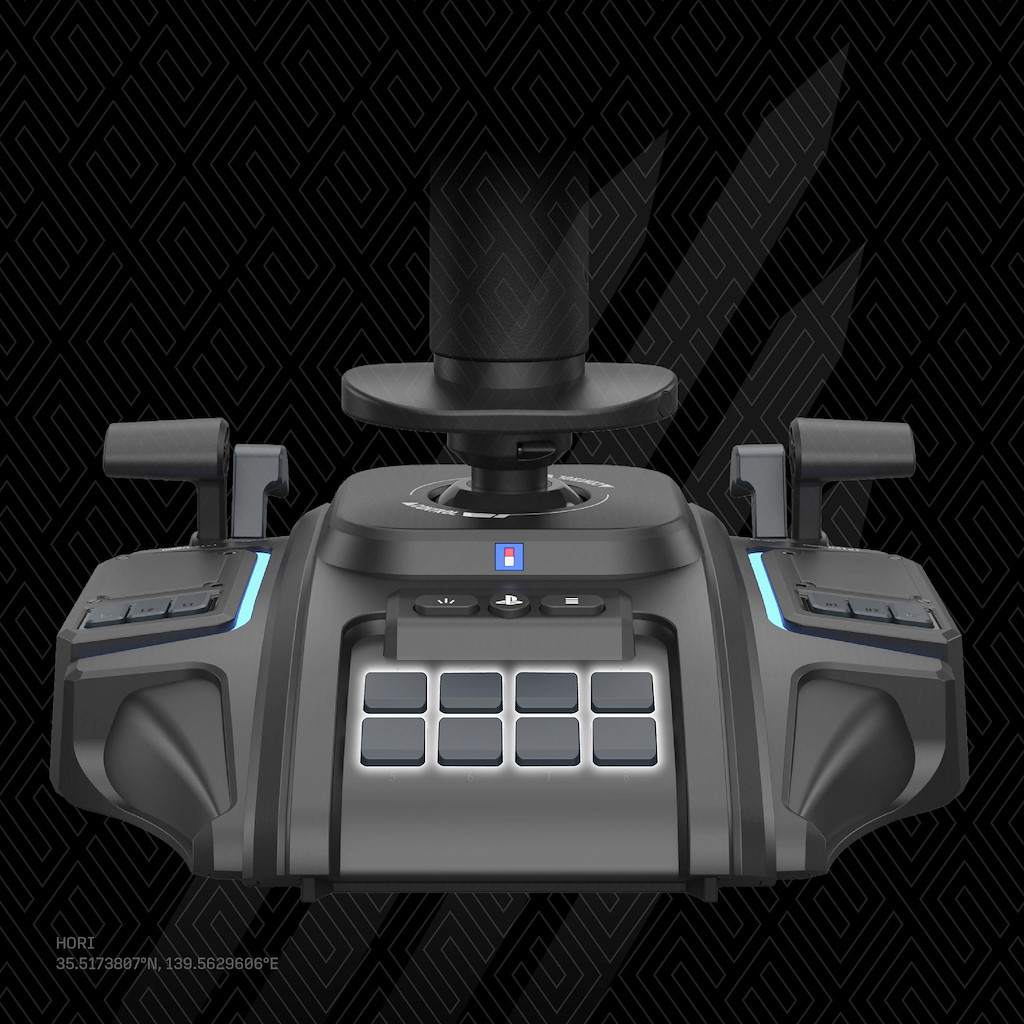 Ein schwarzer Gaming-Joystick mit zentralem Stick, Doppelhebeln und beleuchteten Tasten vor dunklem Hintergrund.