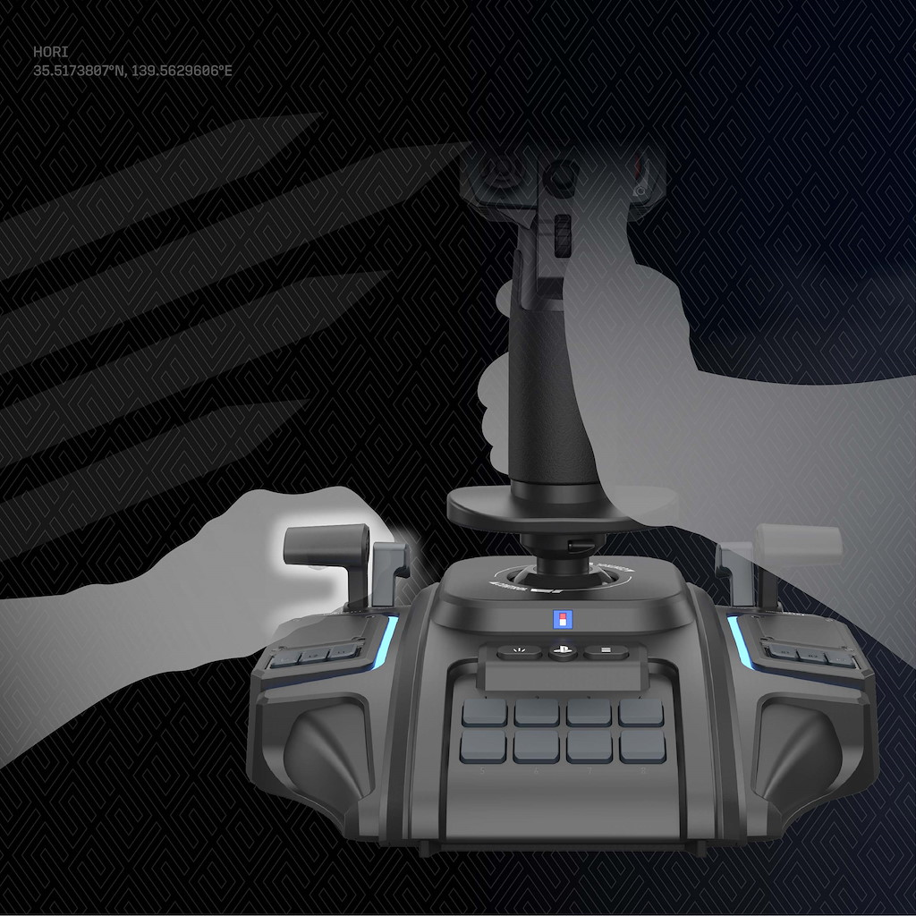 Ein schwarzer Flugsimulator-Joystick mit Basis und Tasten vor dunklem Hintergrund.