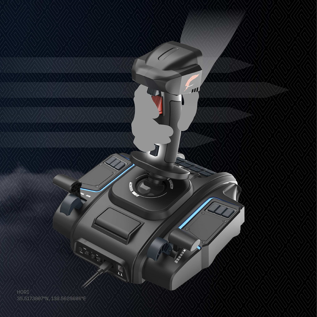 Ein schwarzer Gaming-Joystick mit Basis und Tasten vor dunklem Hintergrund.