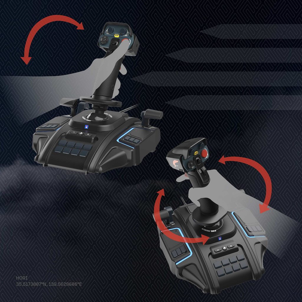Zwei Hände demonstrieren die Drehbewegung eines schwarzen Gaming-Joysticks vor gemustertem Hintergrund.