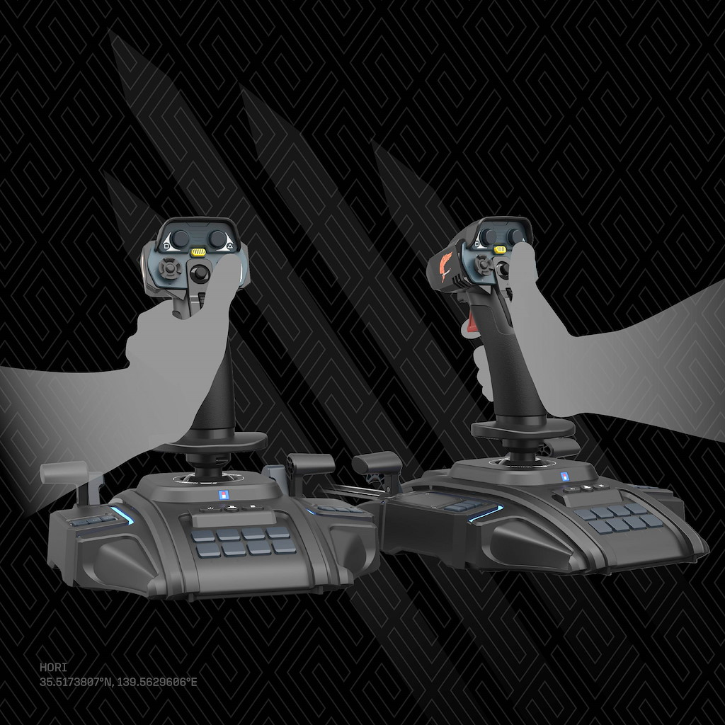 Zwei schwarze Flugsimulations-Joysticks vor einem dunklen, gemusterten Hintergrund.