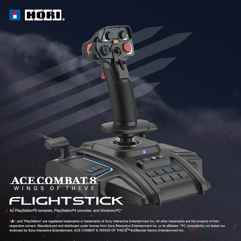 Schwarzer Hori Flightstick für PlayStation und Windows vor einem dunklen Wolkenhintergrund.