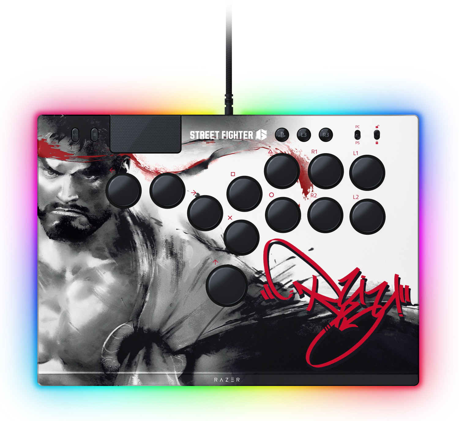 Manette d'arcade Street Fighter avec illustration de Ryu, nombreux boutons noirs et rétroéclairage RVB.