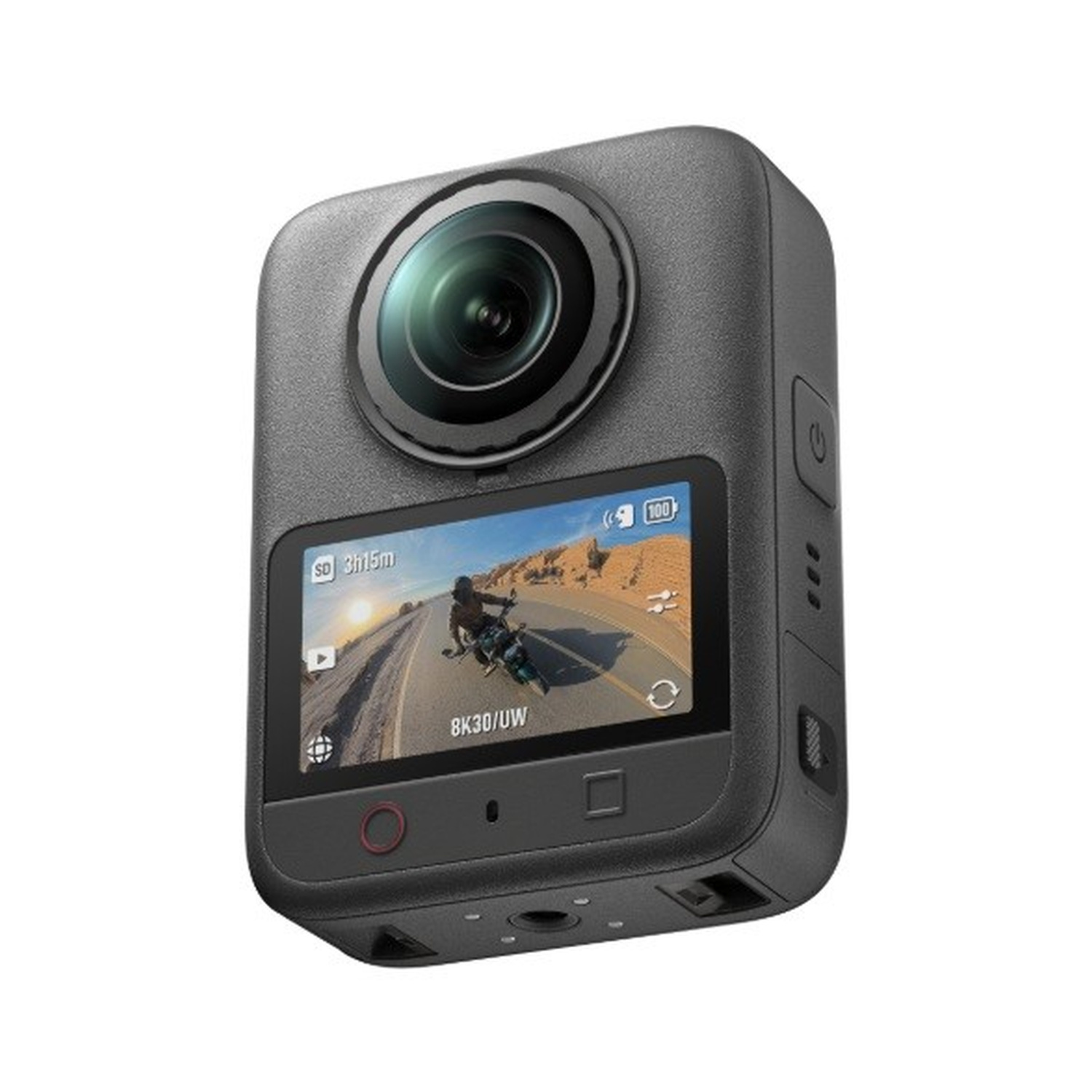 Una action camera nera con obiettivo circolare e uno schermo che mostra una moto su strada.