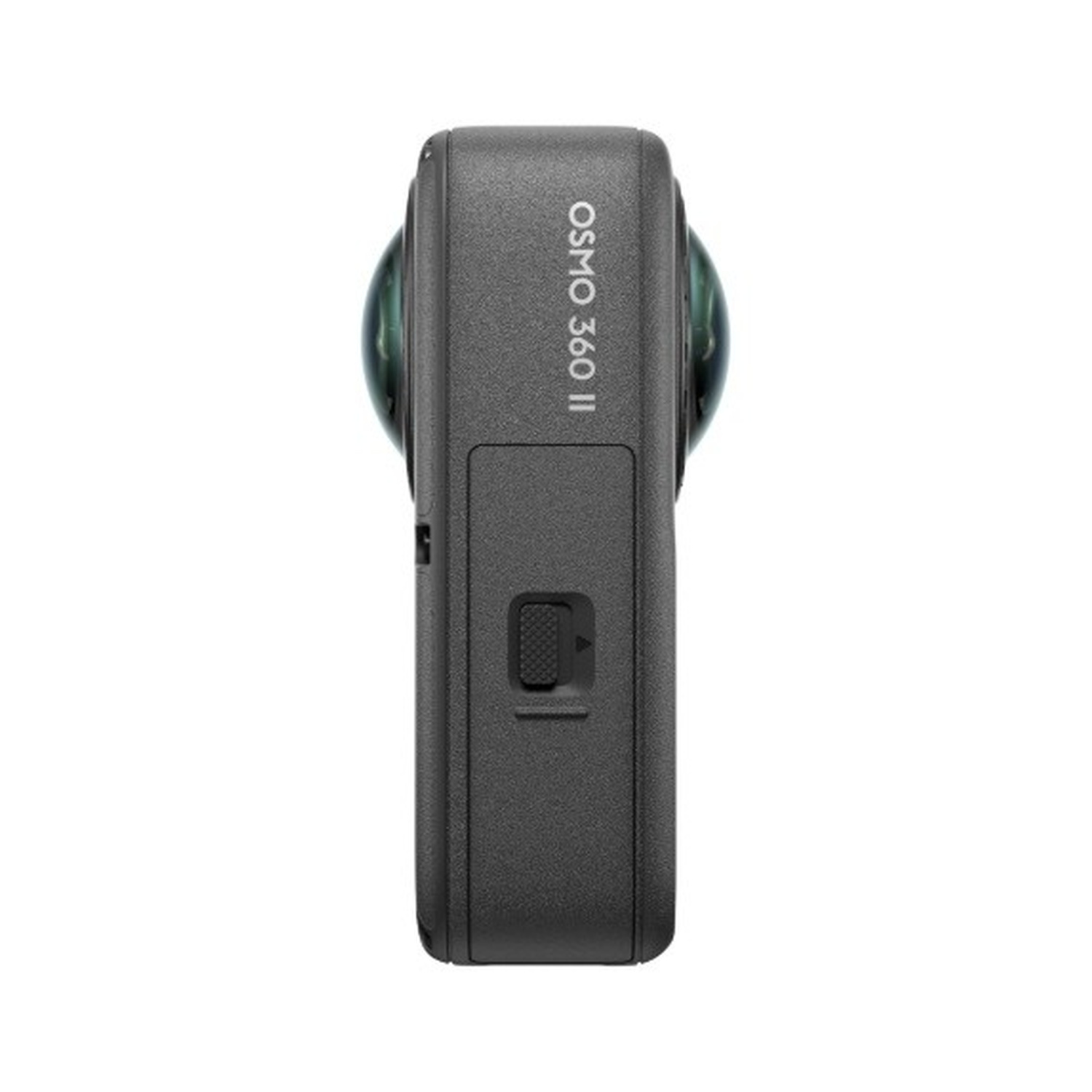 Fotocamera grigia Osmo 360 II vista di lato, con due lenti sporgenti e un piccolo interruttore.