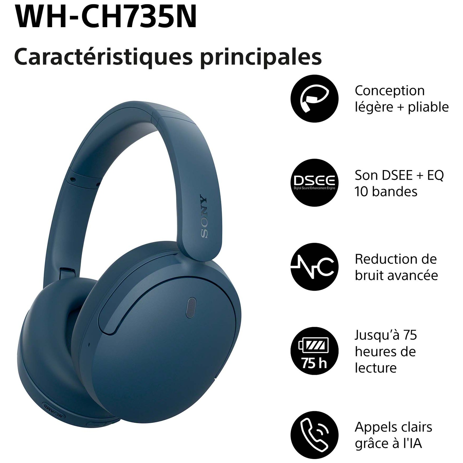 Casque Sony bleu avec caractéristiques principales comme une longue autonomie et réduction de bruit.