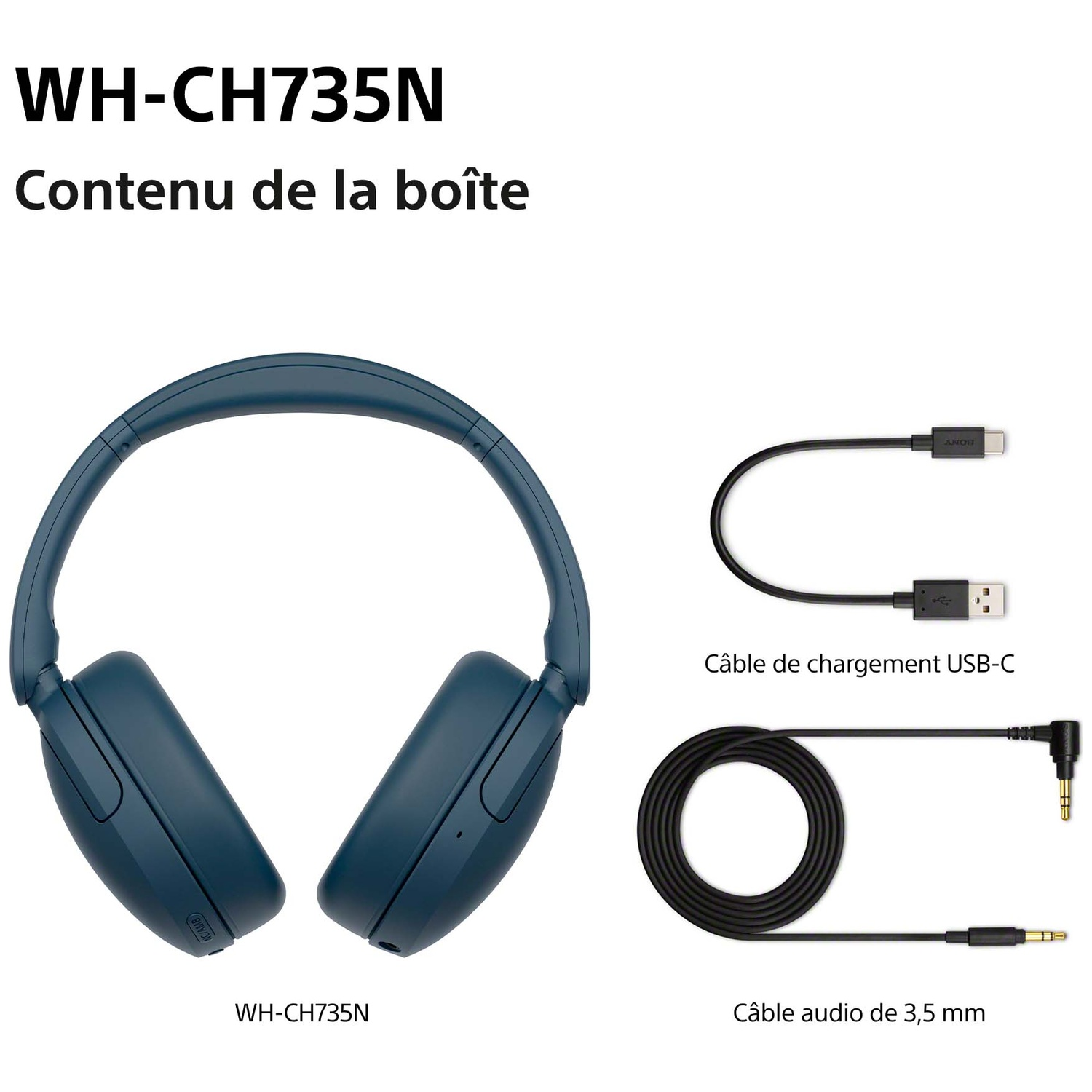Casque bleu WH-CH735N avec câble de charge USB-C et câble audio 3,5 mm.