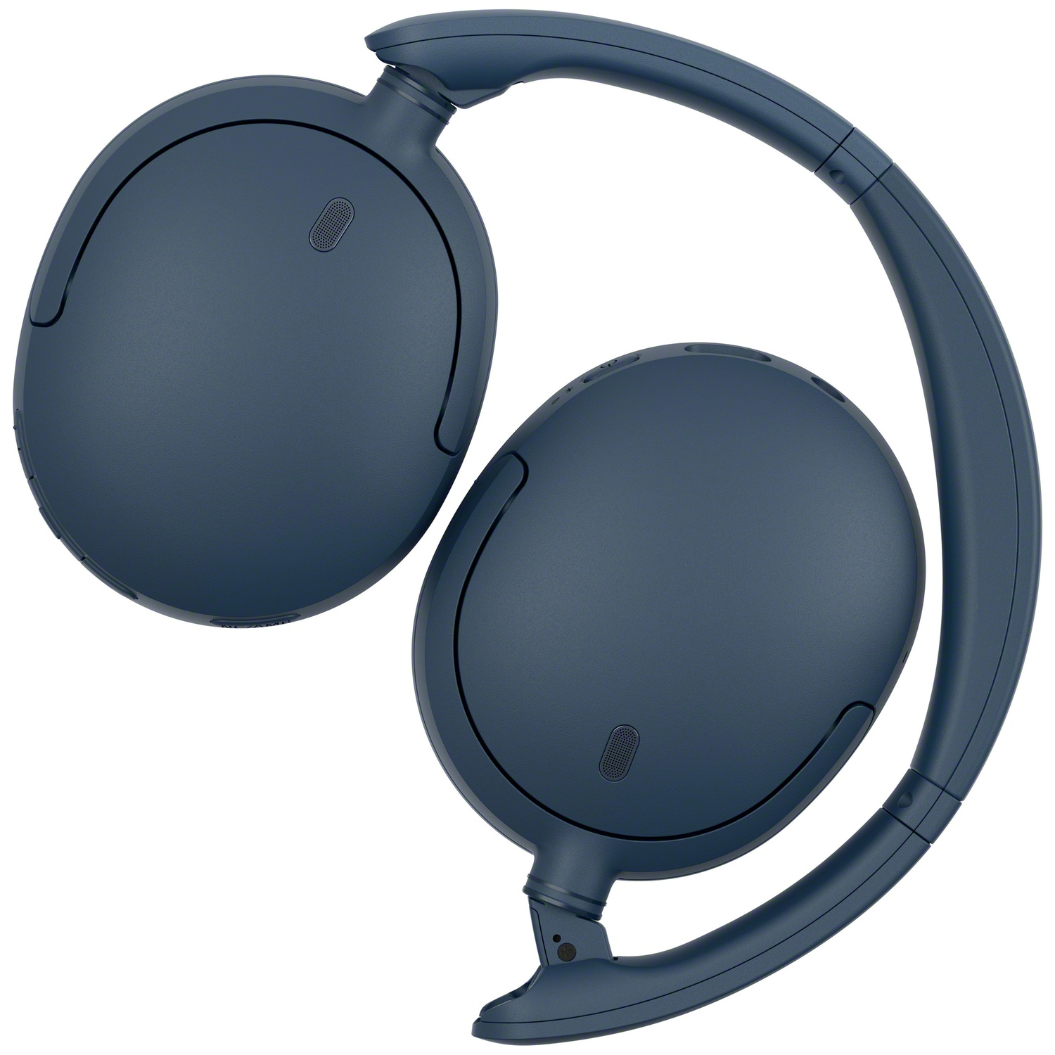 Casque supra-auriculaire bleu foncé avec arceau réglable sur fond blanc.