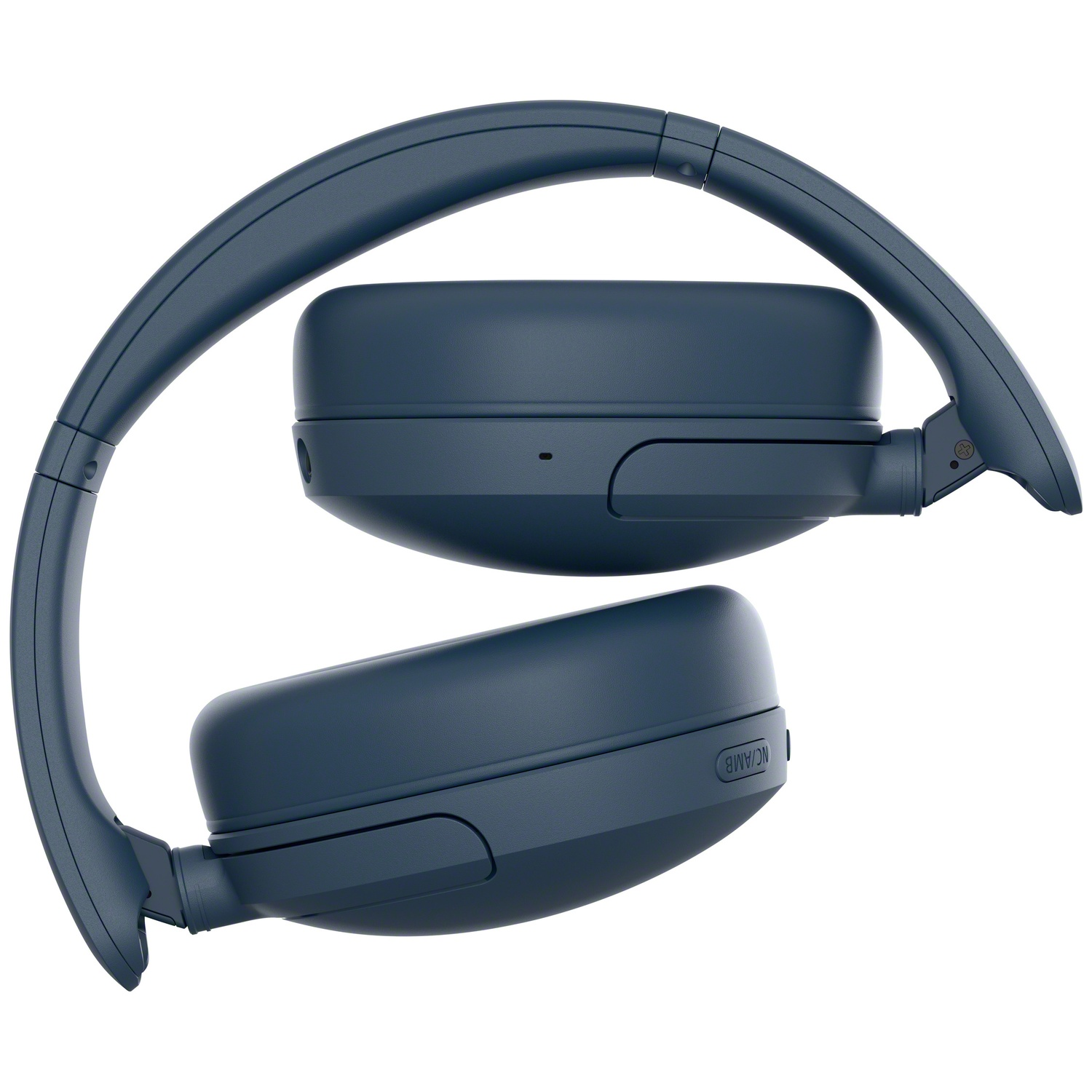 Casque sans fil bleu foncé plié sur fond blanc uni.