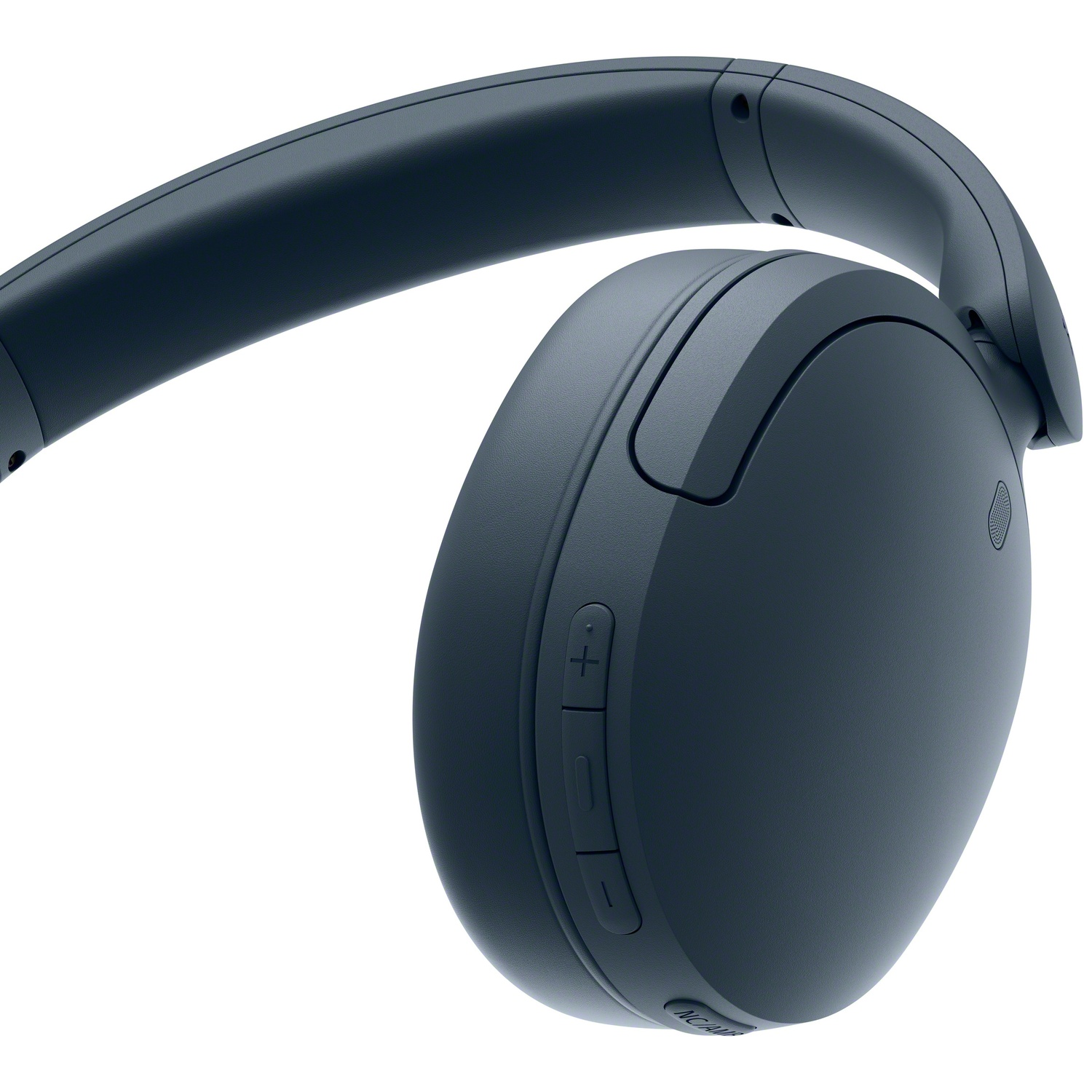Casque supra-auriculaire bleu foncé avec boutons de commande et arceau rembourré sur fond blanc.