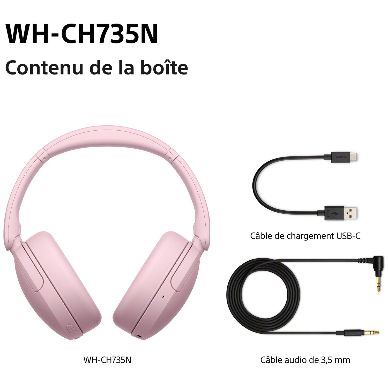 Casque rose avec câble de charge USB-C et câble audio 3,5 mm sur fond blanc.