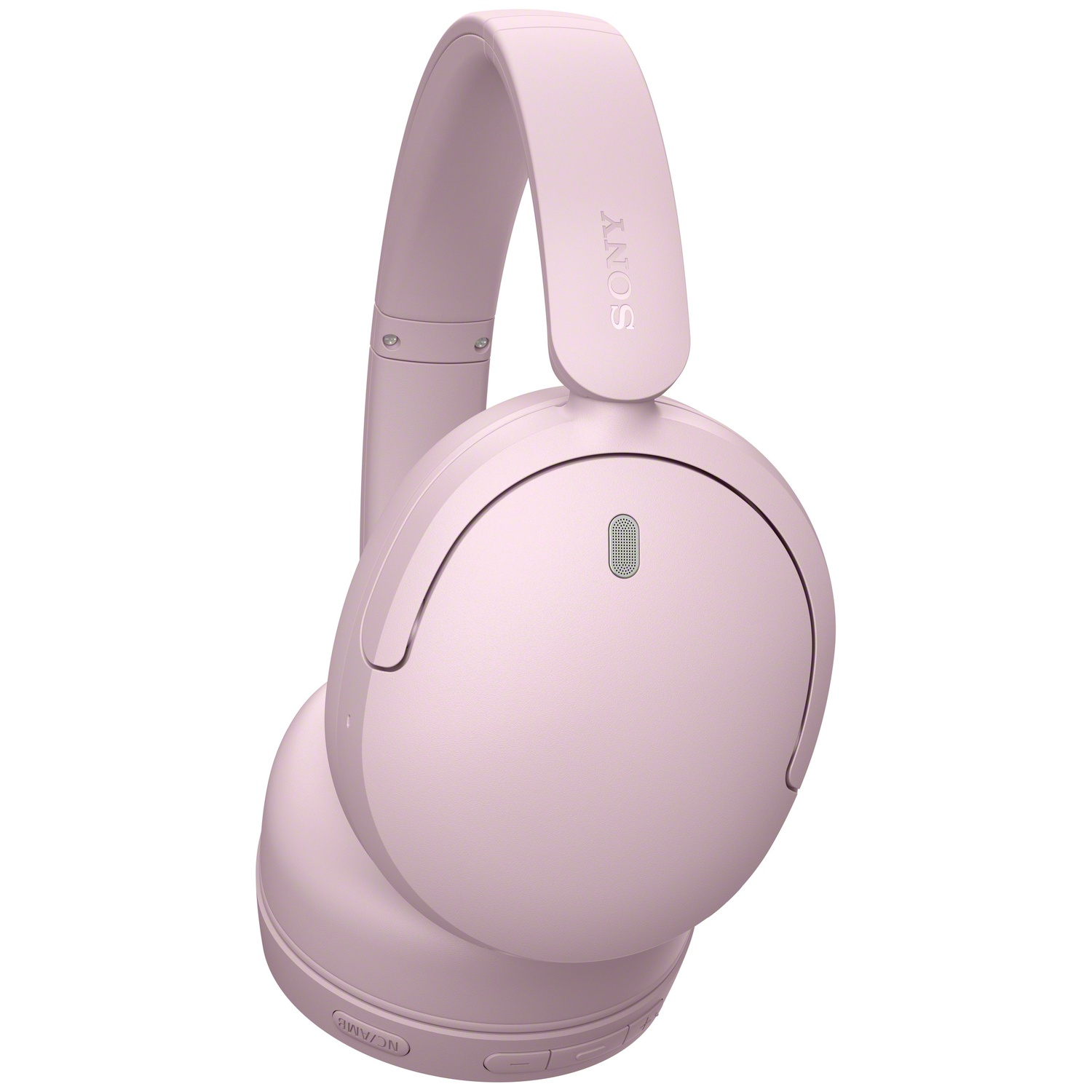 Casque supra-auriculaire Sony rose avec microphone et boutons sur l'oreillette sur fond blanc.
