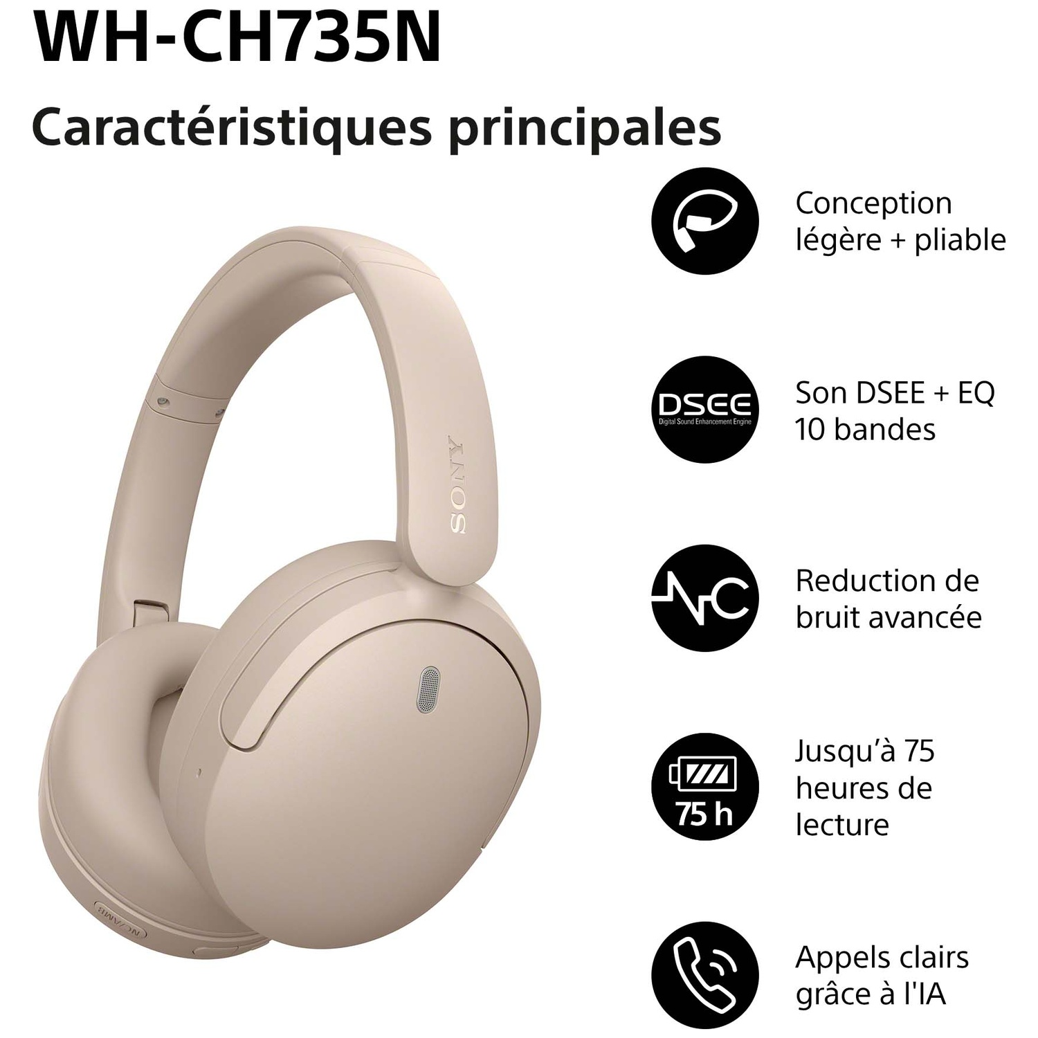Casque supra-auriculaire Sony WH-CH735N beige avec icônes et textes de caractéristiques.
