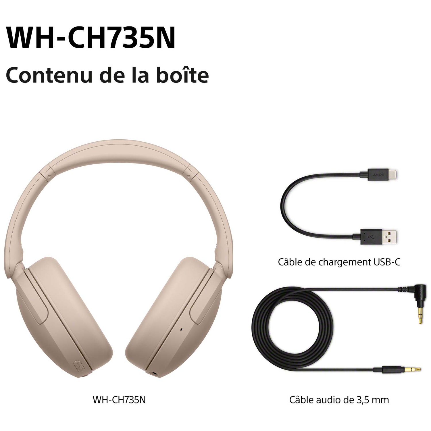 Casque sans fil beige avec câble de charge USB-C et câble audio 3,5 mm sur fond blanc.