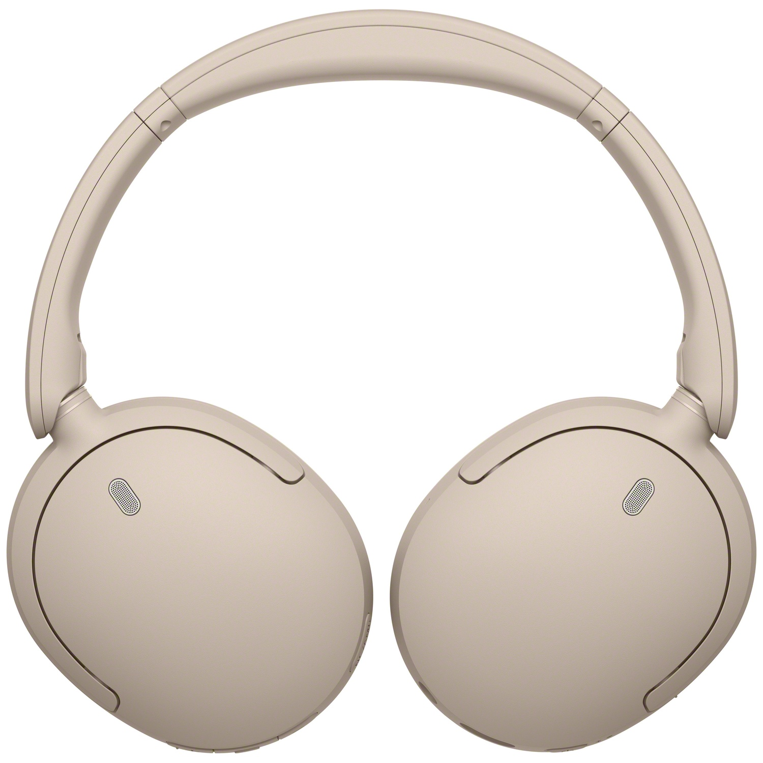 Casque sans fil circum-auriculaire beige sur fond blanc.