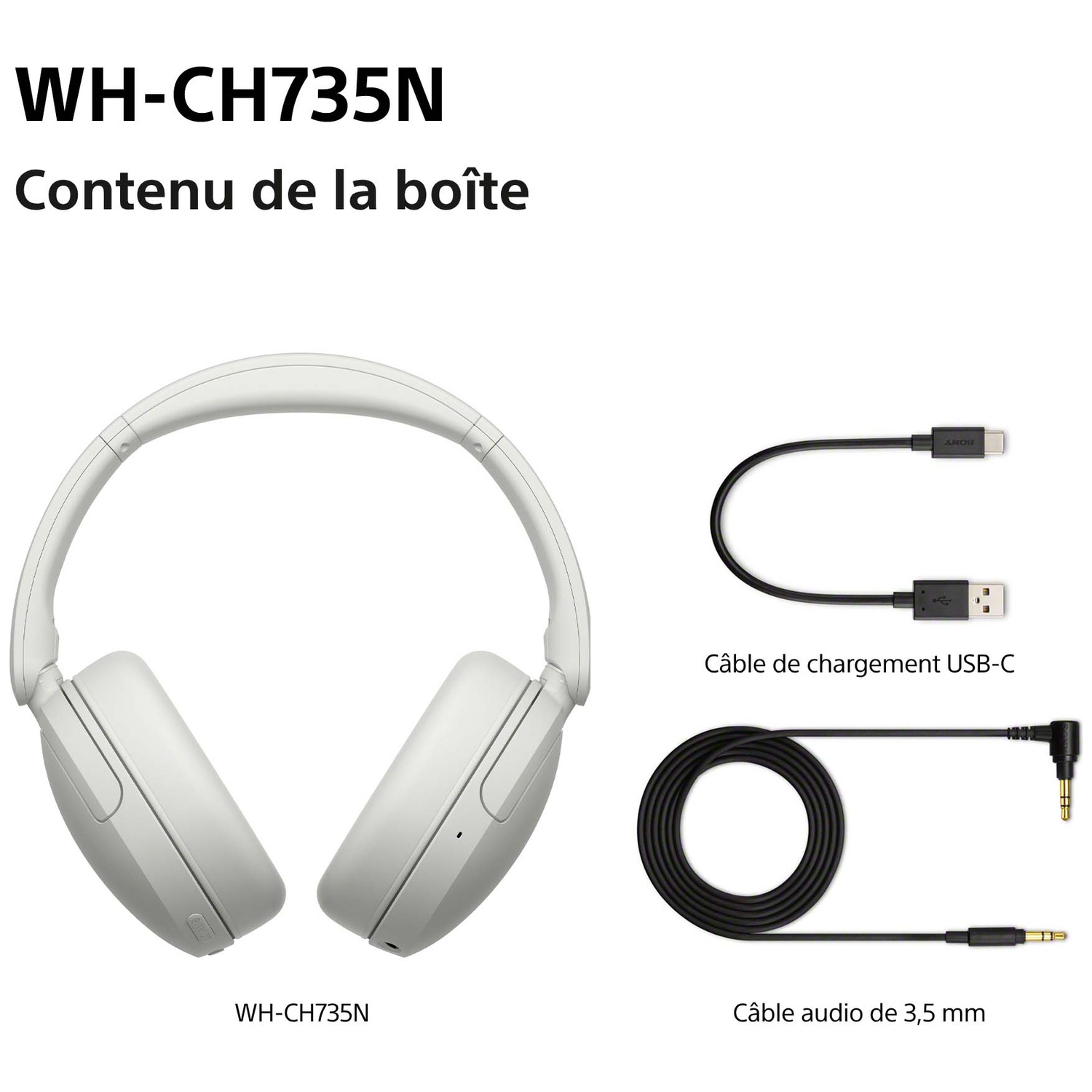 Casque blanc WH-CH735N avec câble de charge USB-C et câble audio 3,5 mm.