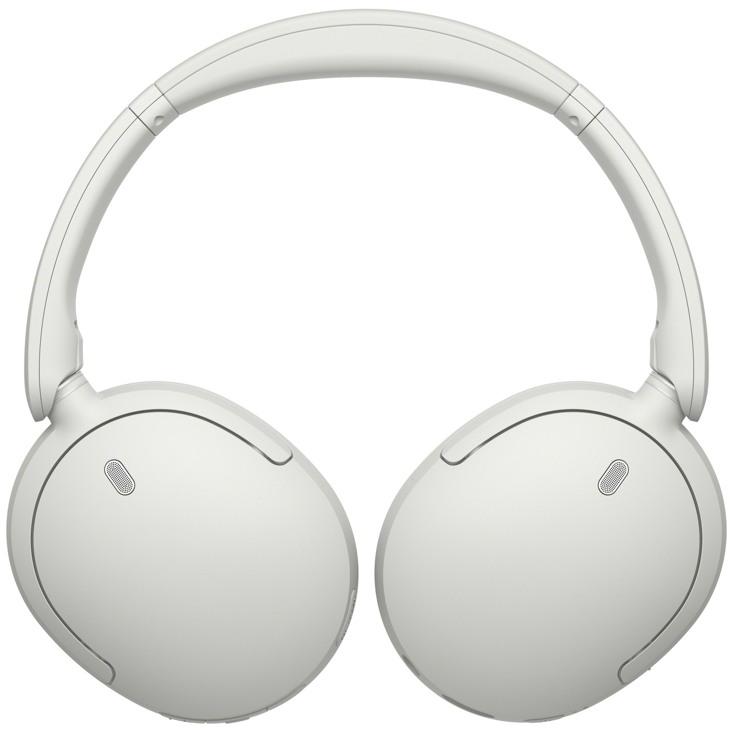 Casque supra-auriculaire blanc avec fentes de microphone sur des oreillettes ovales sur fond blanc.