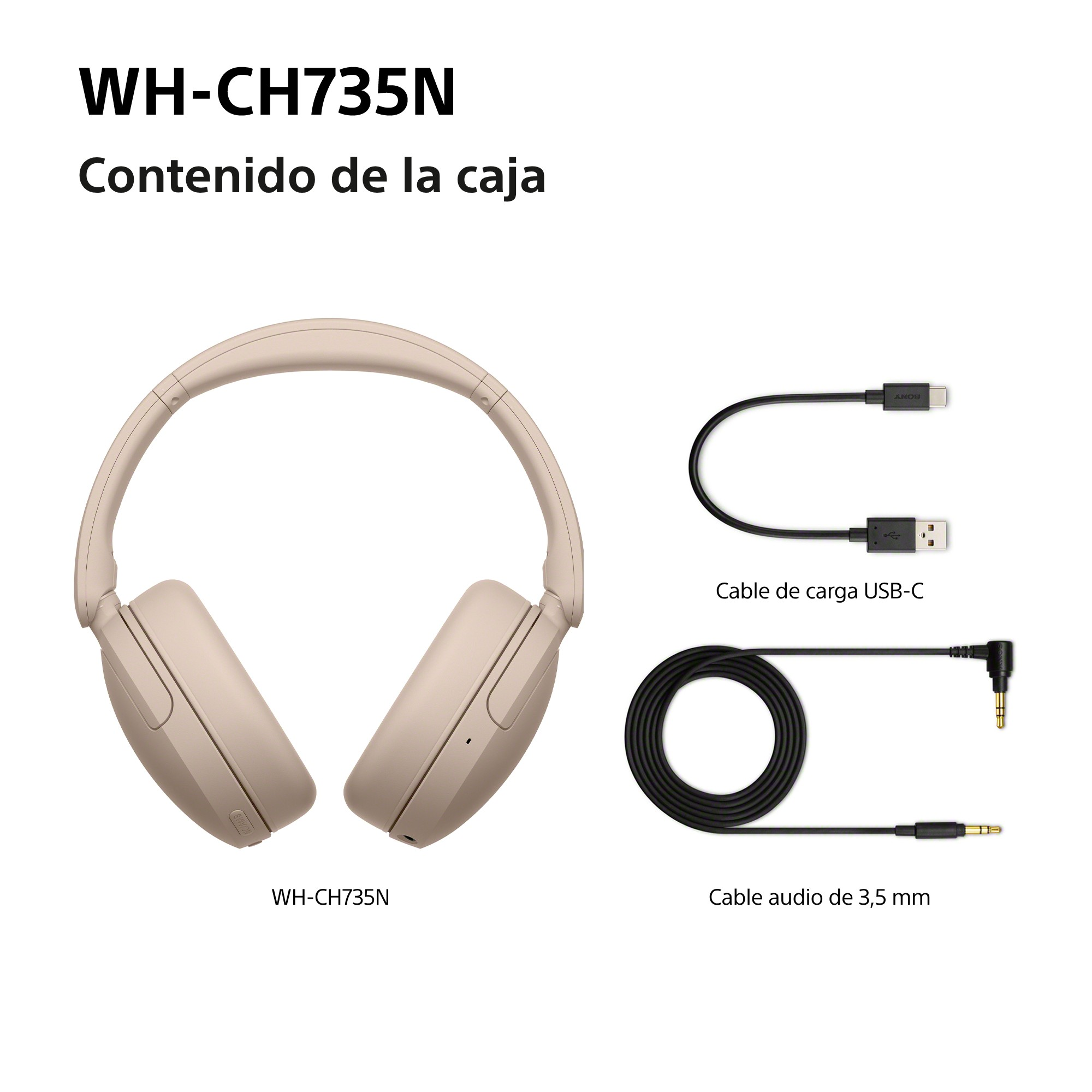 Contenido de la caja WH-CH735N, cable carga USB-C y Cable audio 3.5mm.