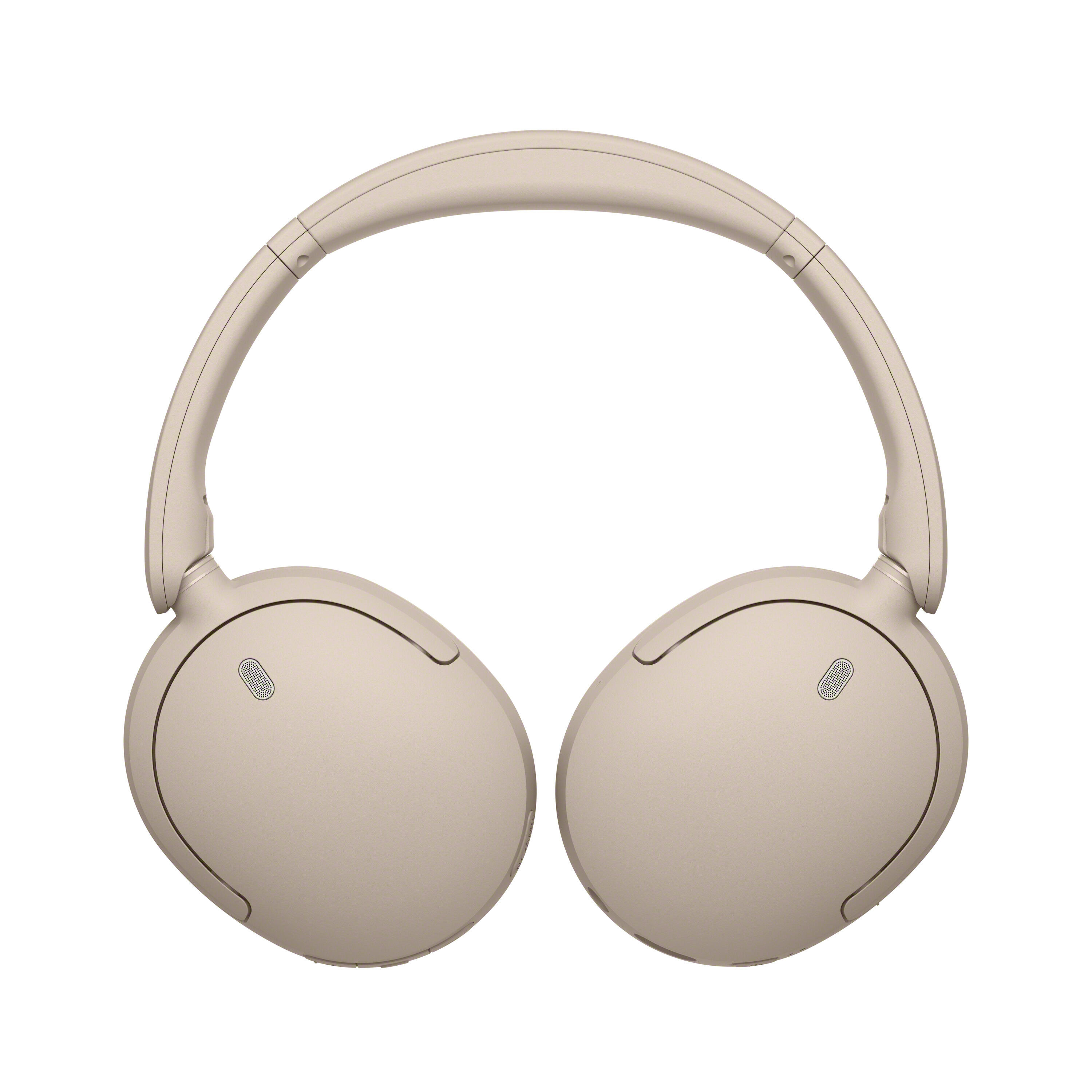 Auriculares inalámbricos supraurales beiges centrados en fondo blanco.