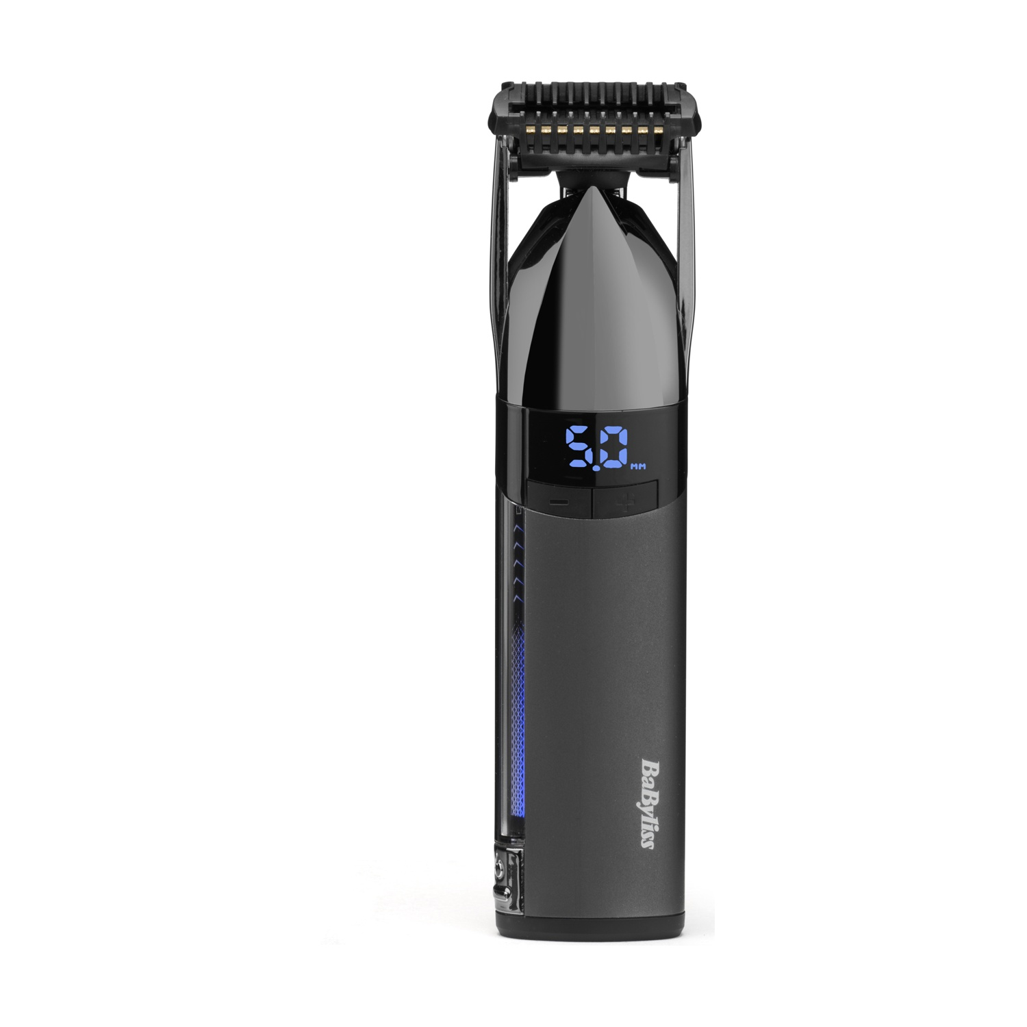 Regolabarba BaByliss nero con display digitale e accessorio su sfondo bianco.