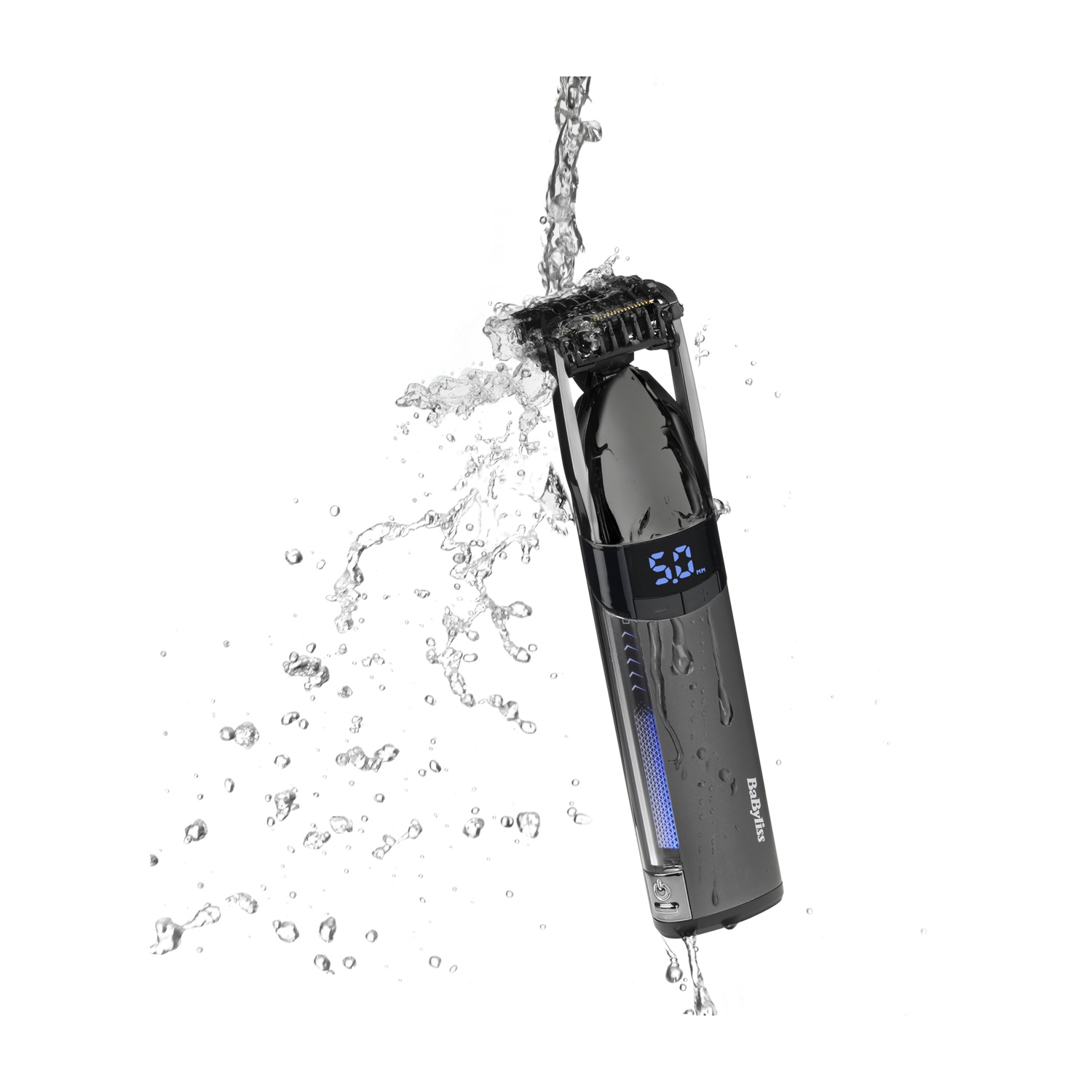 Tagliacapelli impermeabile con display digitale sotto l'acqua corrente.