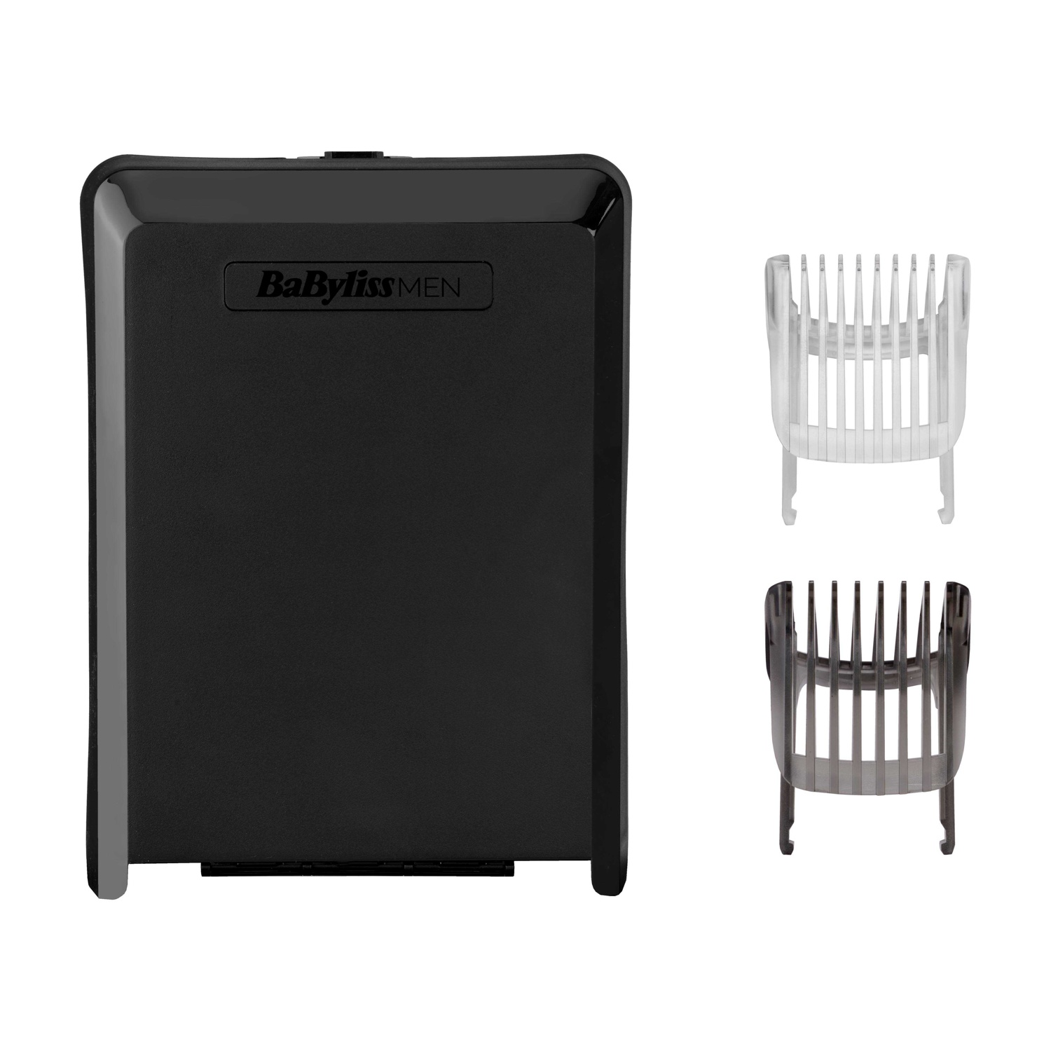 Custodia nera BaByliss MEN con due accessori a pettine a destra.