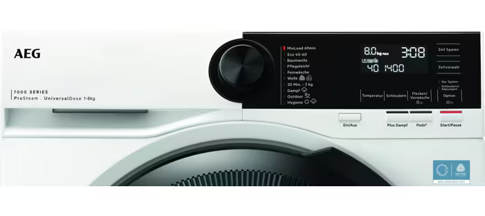 Nahaufnahme des Bedienfelds einer weißen AEG Waschmaschine mit schwarzem Drehregler und Display.