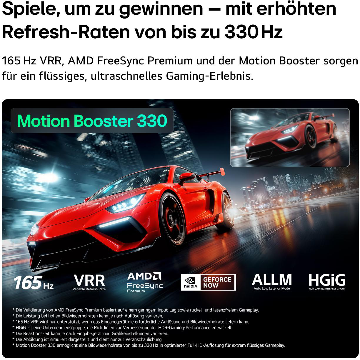 Ein roter Sportwagen rast nachts durch eine Stadt, begleitet von Gaming-Technologie-Logos.