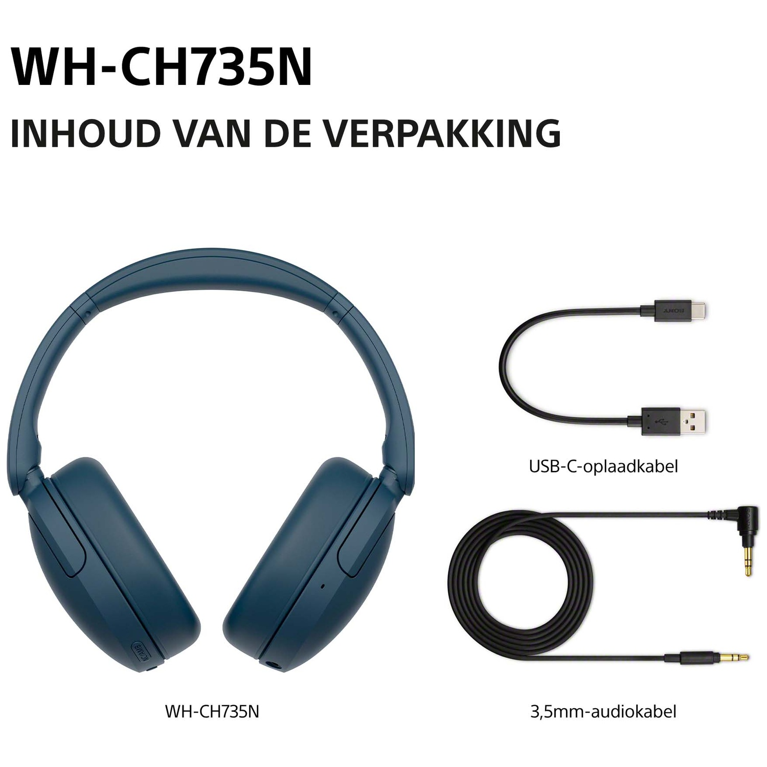 Blauwe WH-CH735N koptelefoon met USB-C oplaadkabel en 3,5 mm audiokabel.