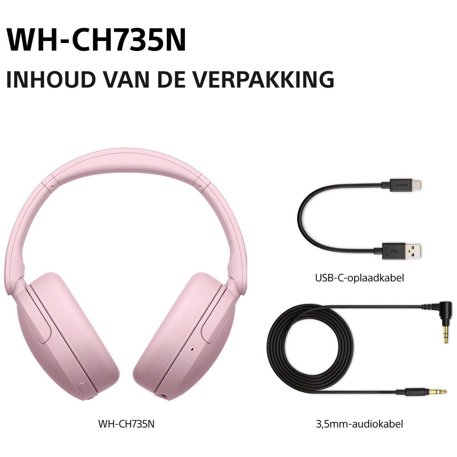 Roze draadloze koptelefoon, zwarte USB-C oplaadkabel en zwarte 3,5 mm audiokabel tegen een witte achtergrond.