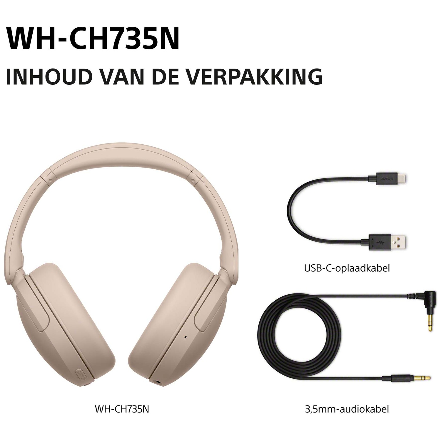 Beige koptelefoon, een USB-C-kabel en een 3,5mm-audiokabel op een witte achtergrond.