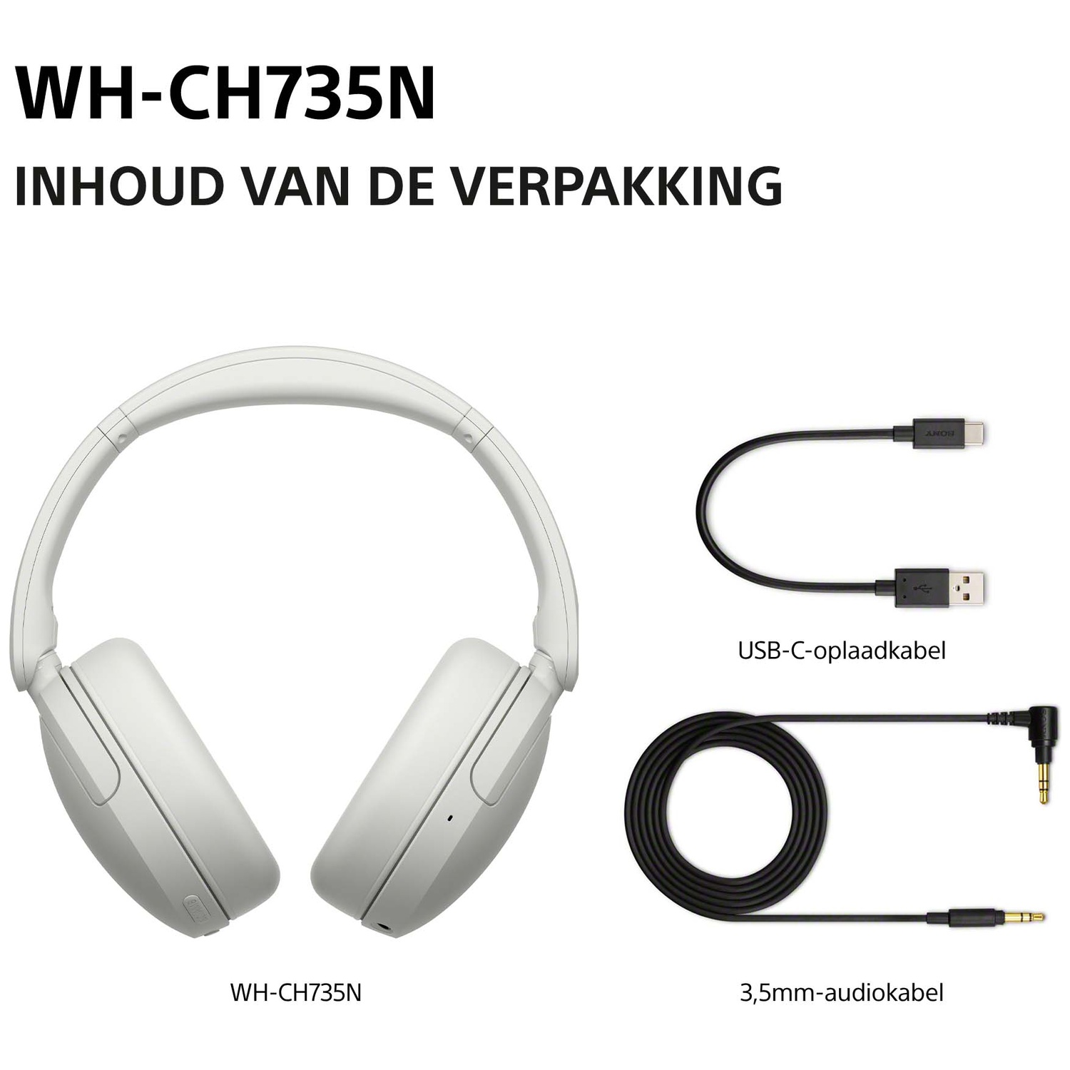 WH-CH735N koptelefoon met USB-C-oplaadkabel en 3,5mm-audiokabel op een witte achtergrond.