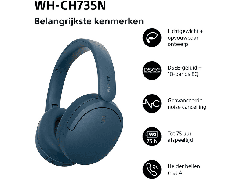 Sony WH-CH735N Over-ear Draadloze Hoofdtelefoon met Noise-cancelling Blauw